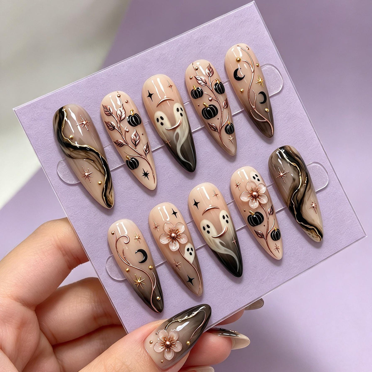 Gothic Halloween Press-On Nails with Ghosts, Black Pumpkins, Rose-Gold Vines and Raised Flowers