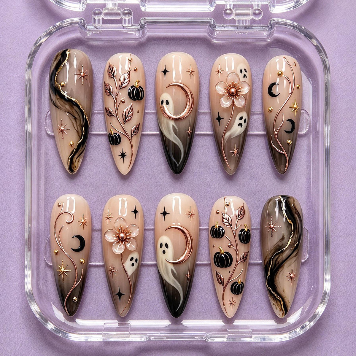 Gothic Halloween Press-On Nails with Ghosts, Black Pumpkins, Rose-Gold Vines and Raised Flowers