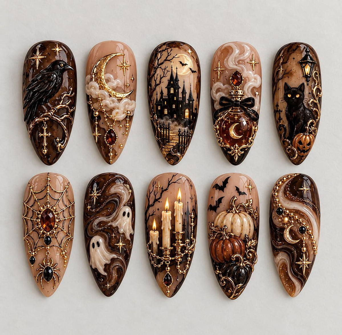 Gothic Halloween Press On Nails With Haunted Castle, Ravens, Pumpkin and Gold Details