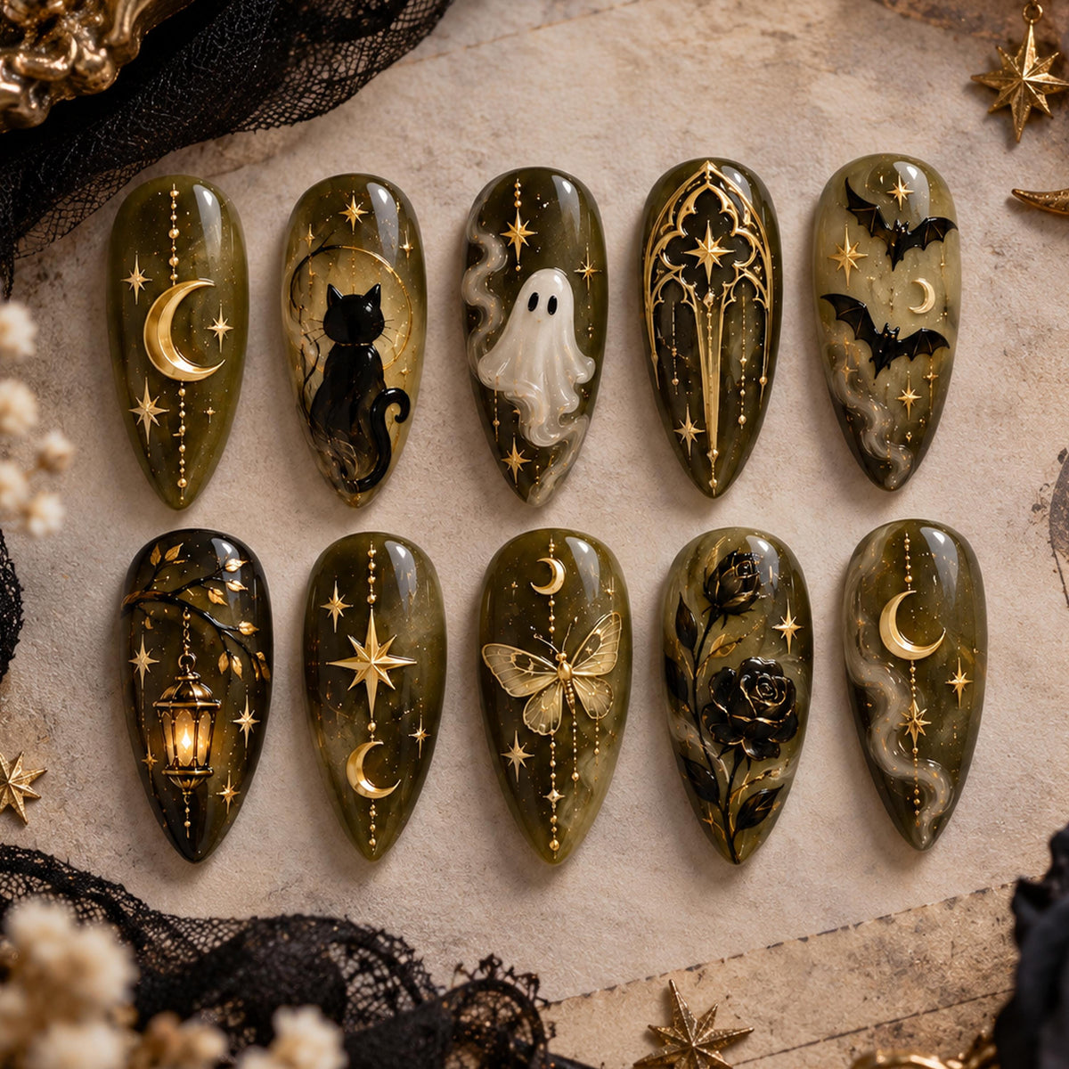 Gothic Halloween Press On Nails with Olive Green, Gold Celestial Details, Ghost and Black Cat