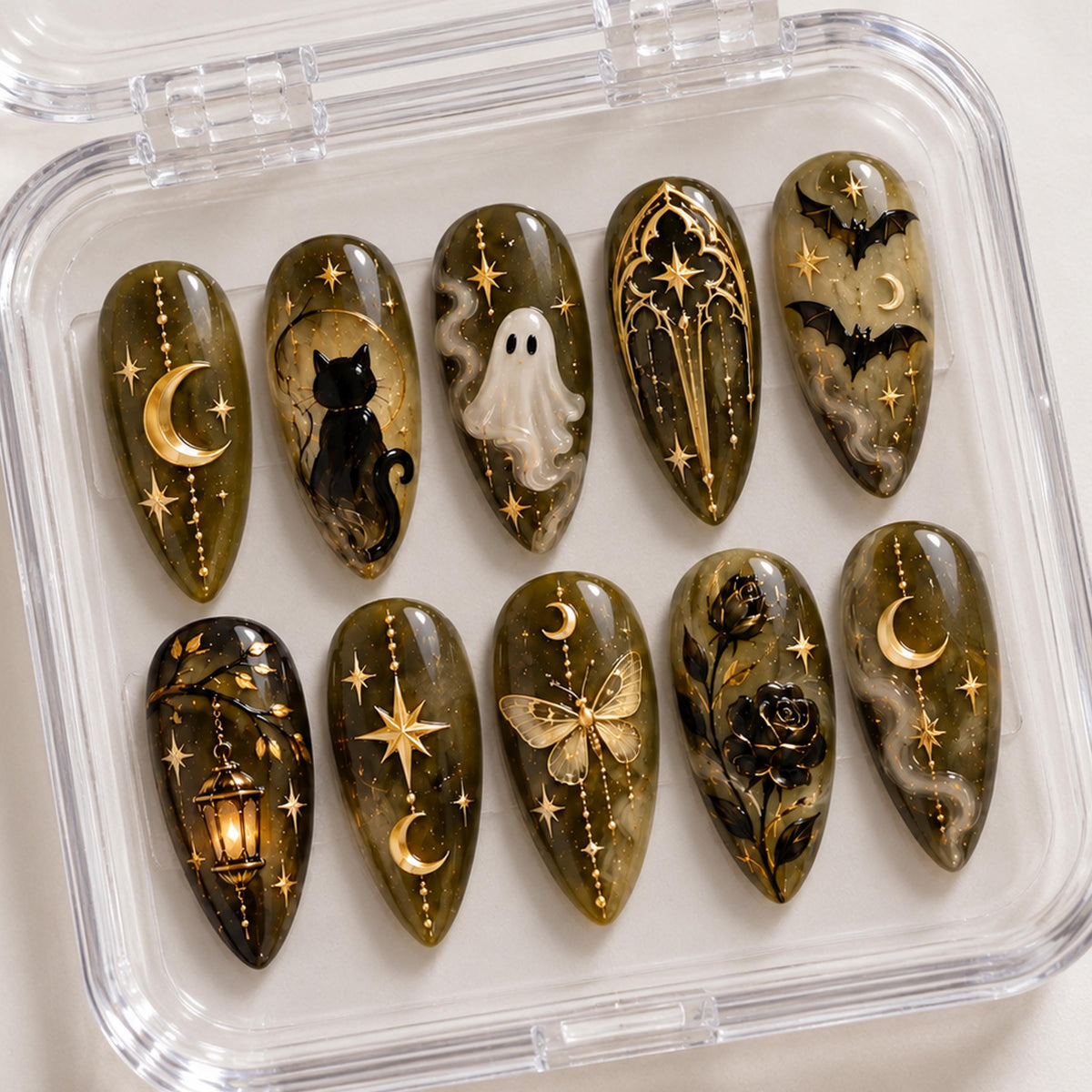 Gothic Halloween Press On Nails with Olive Green, Gold Celestial Details, Ghost and Black Cat