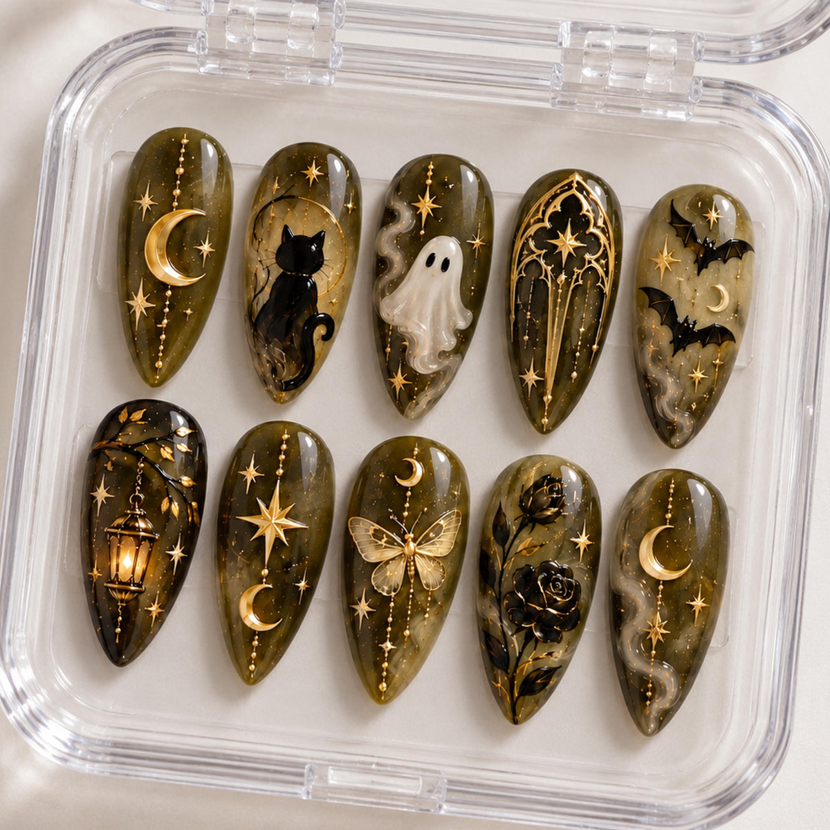 Gothic Halloween Press On Nails with Olive Green, Gold Celestial Details, Ghost and Black Cat