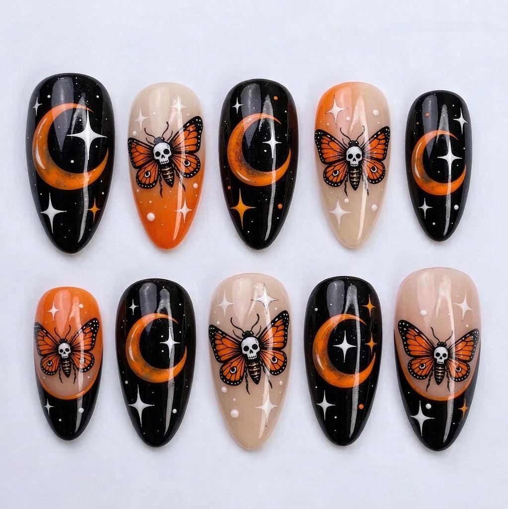 Gothic Halloween Press-On Nails with Orange Skull Butterflies, Crescent Moons & Stars