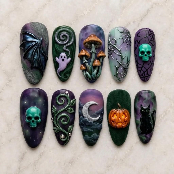 Gothic Halloween Press-On Nails with Sculpted Mushrooms, Ghosts, Skulls and Pumpkin