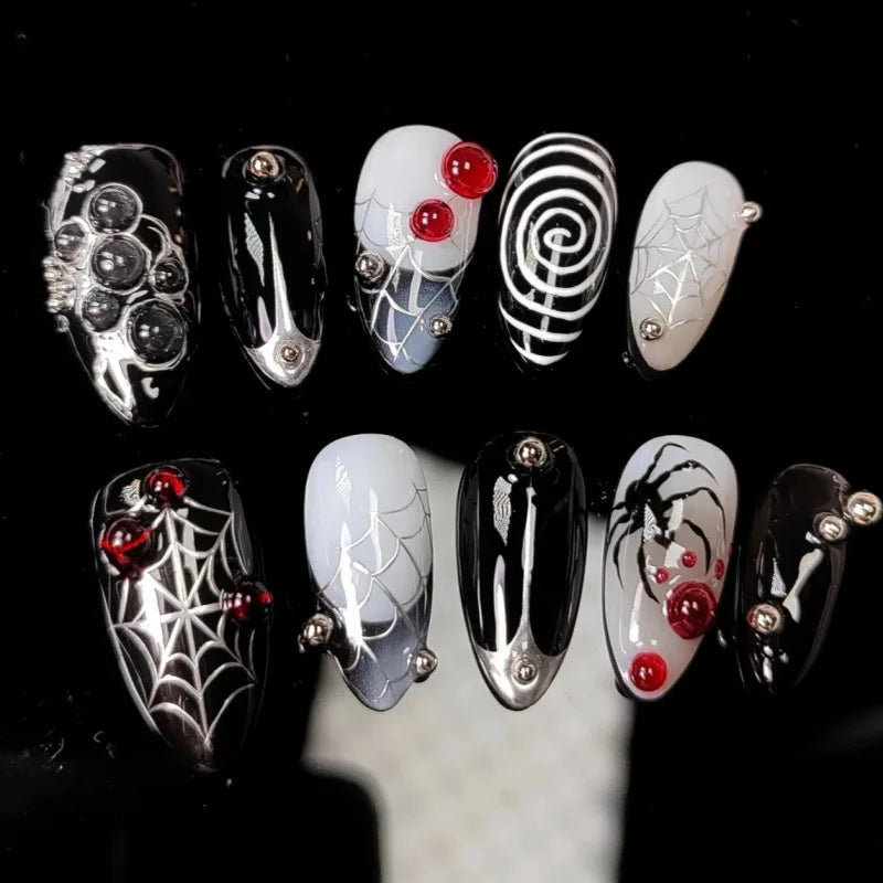 Gothic Halloween Press On Nails with Spiderwebs, Red Flowers and Silver-Toned Studs