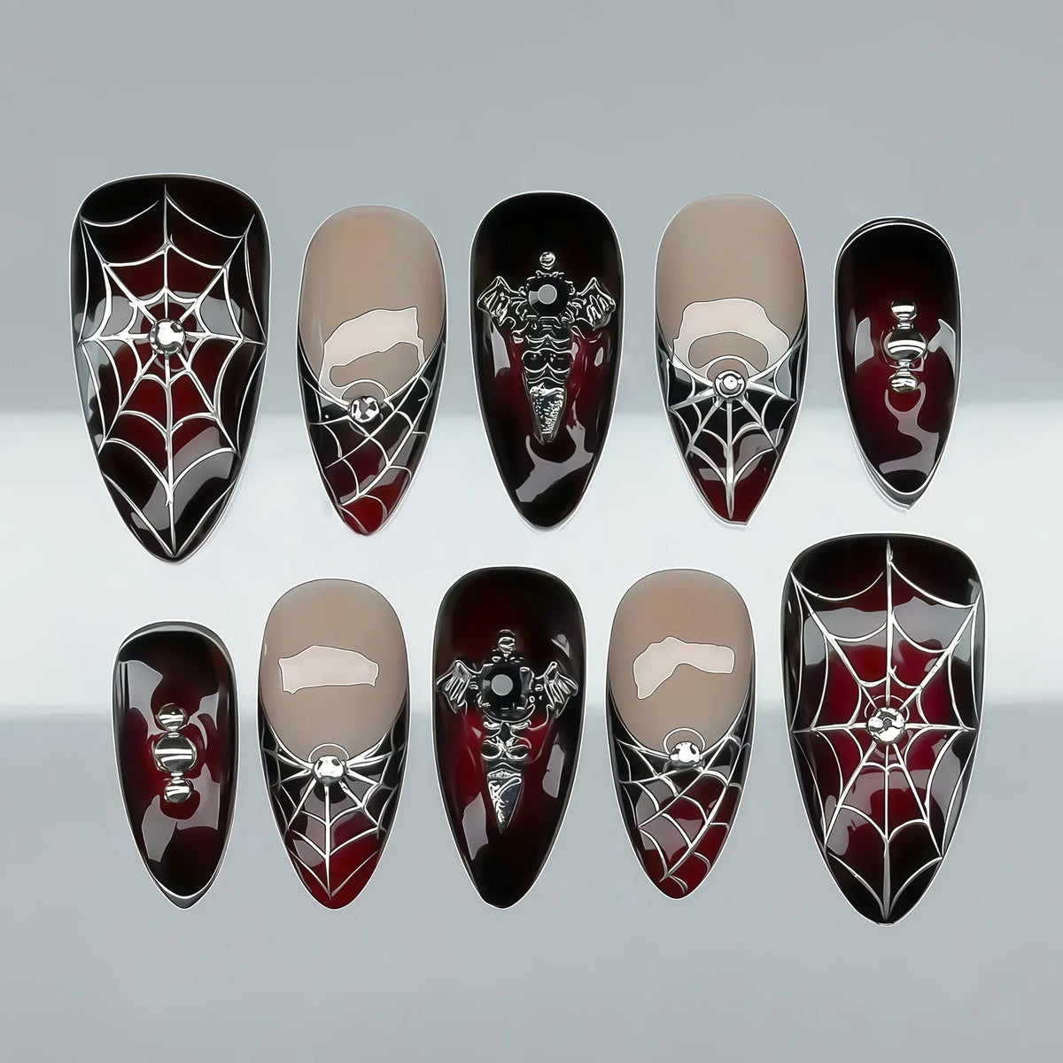 Gothic Halloween Press On Nails with Spiderwebs, Silver Spiders and Skulls