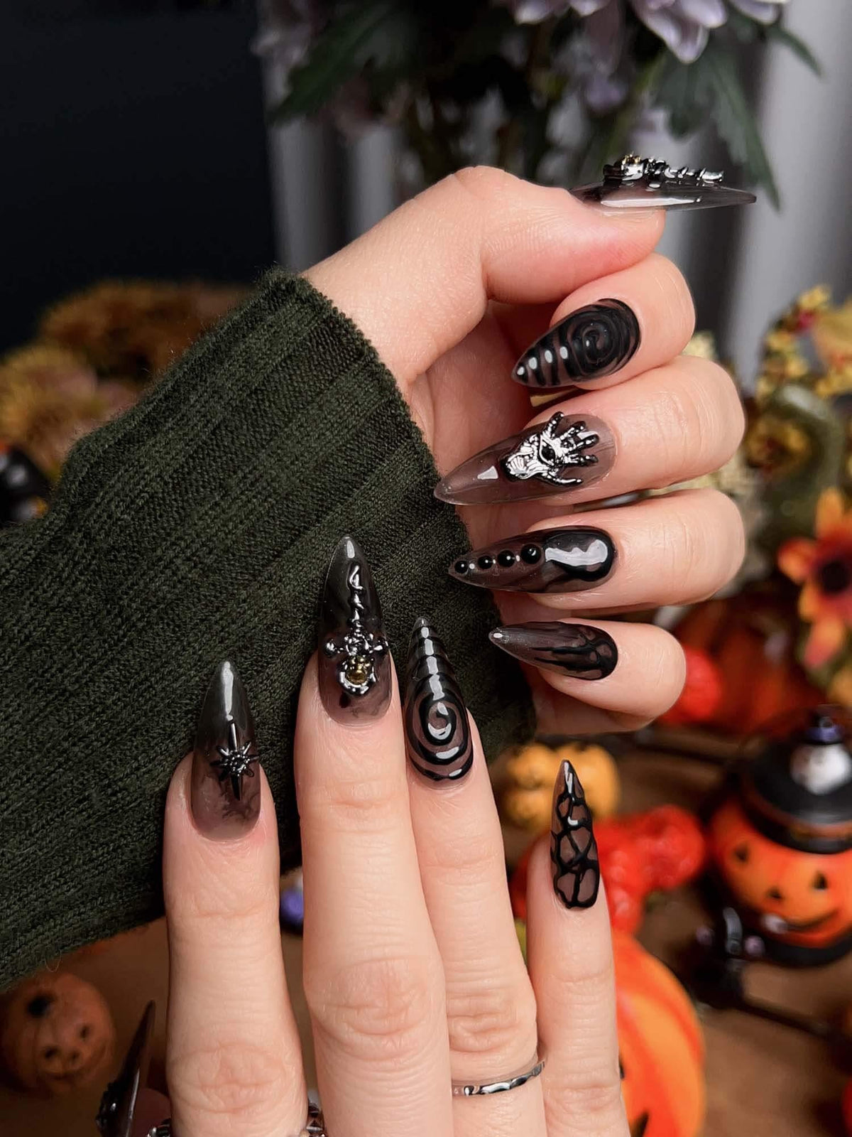 Gothic Halloween Skull and Spider Press-On Nails with Black, Silver-White Swirls and 3D Charms
