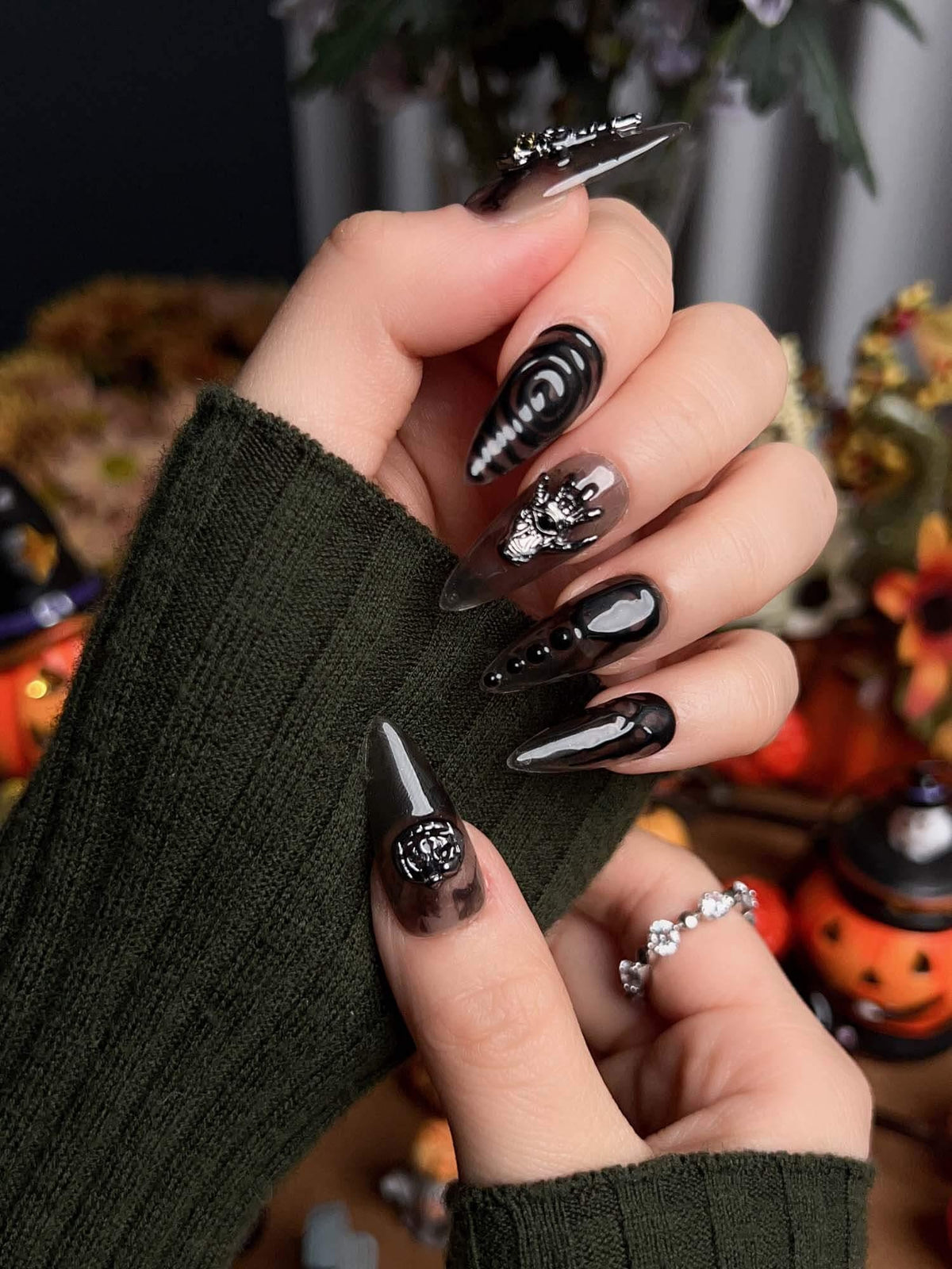 Gothic Halloween Skull and Spider Press-On Nails with Black, Silver-White Swirls and 3D Charms
