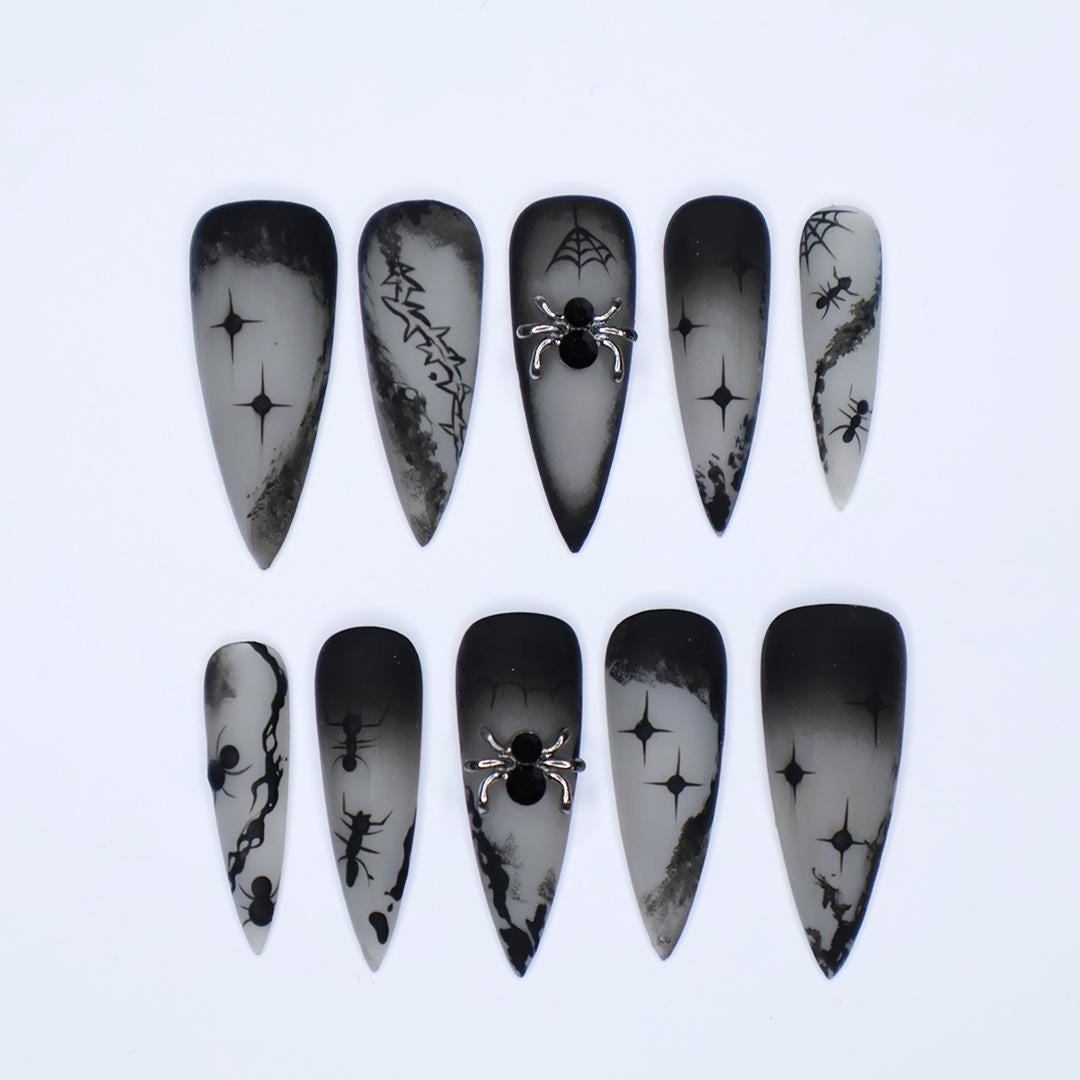 Gothic Halloween Spiderweb Nails in Smoky Gray and Black with 3D Spider Charms