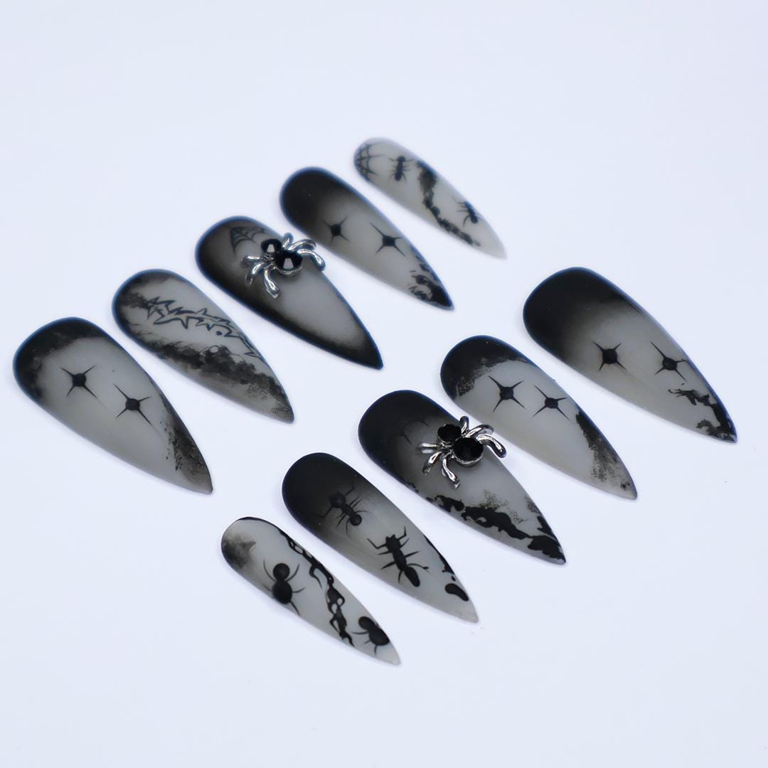 Gothic Halloween Spiderweb Nails in Smoky Gray and Black with 3D Spider Charms