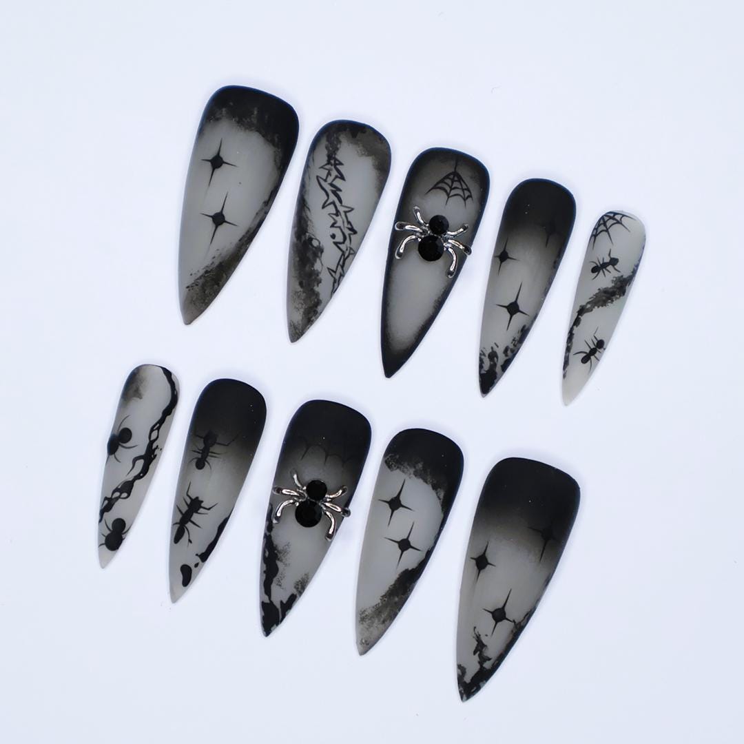 Gothic Halloween Spiderweb Nails in Smoky Gray and Black with 3D Spider Charms