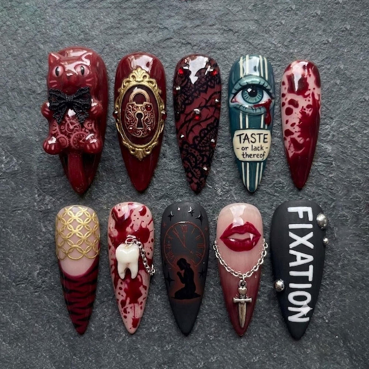 Gothic Halloween Vampire Horror Nail Set With Bloody Cat, Evil Eye, Lock and 3D Details