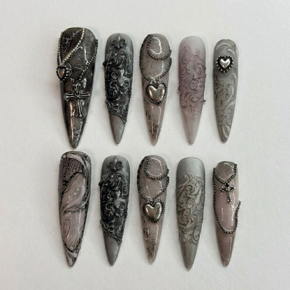 Gothic Lace Press On Nails With Baroque Flourishes and Silver Charms