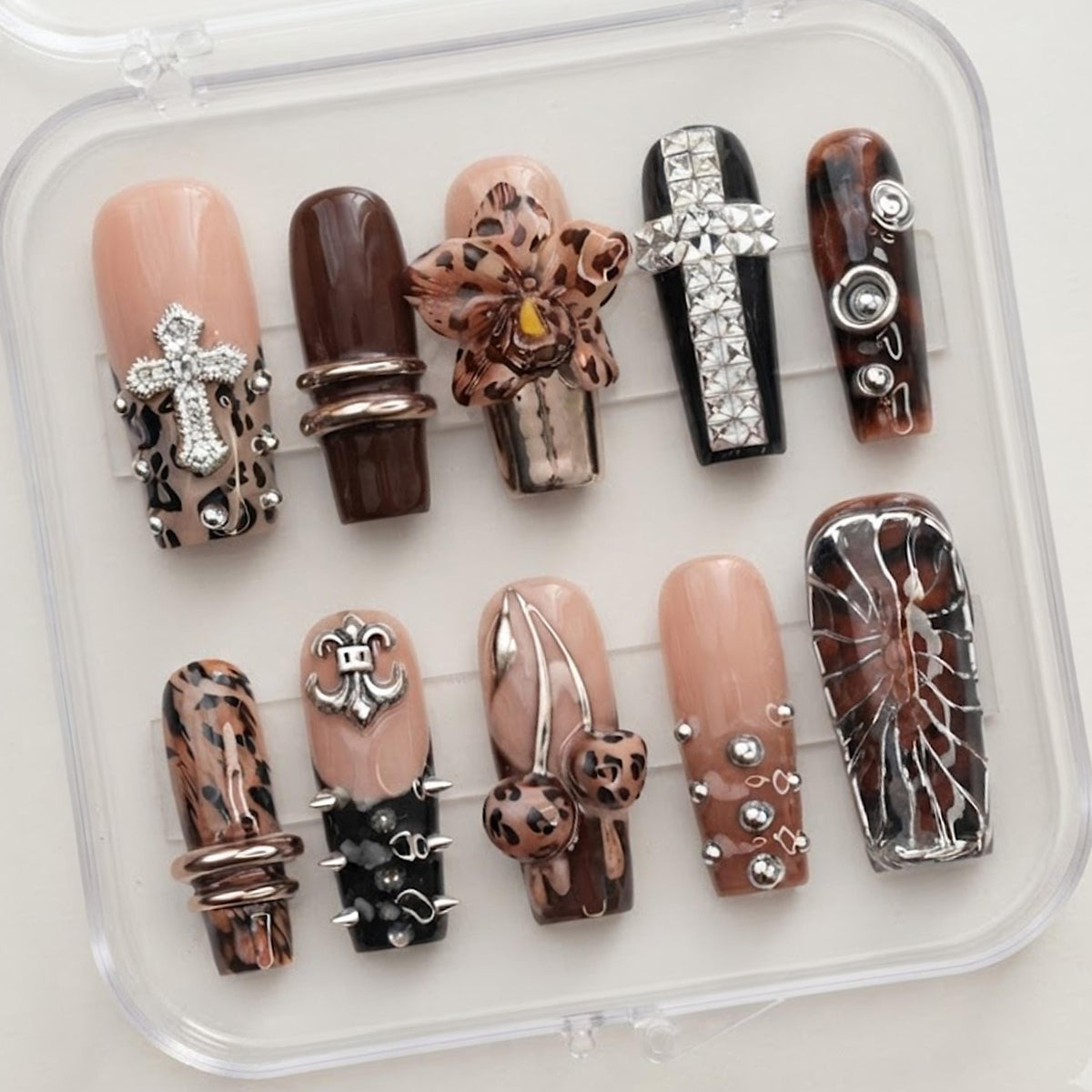 Gothic Leopard Print Press-On Nails With Cross Charms and 3D Flower