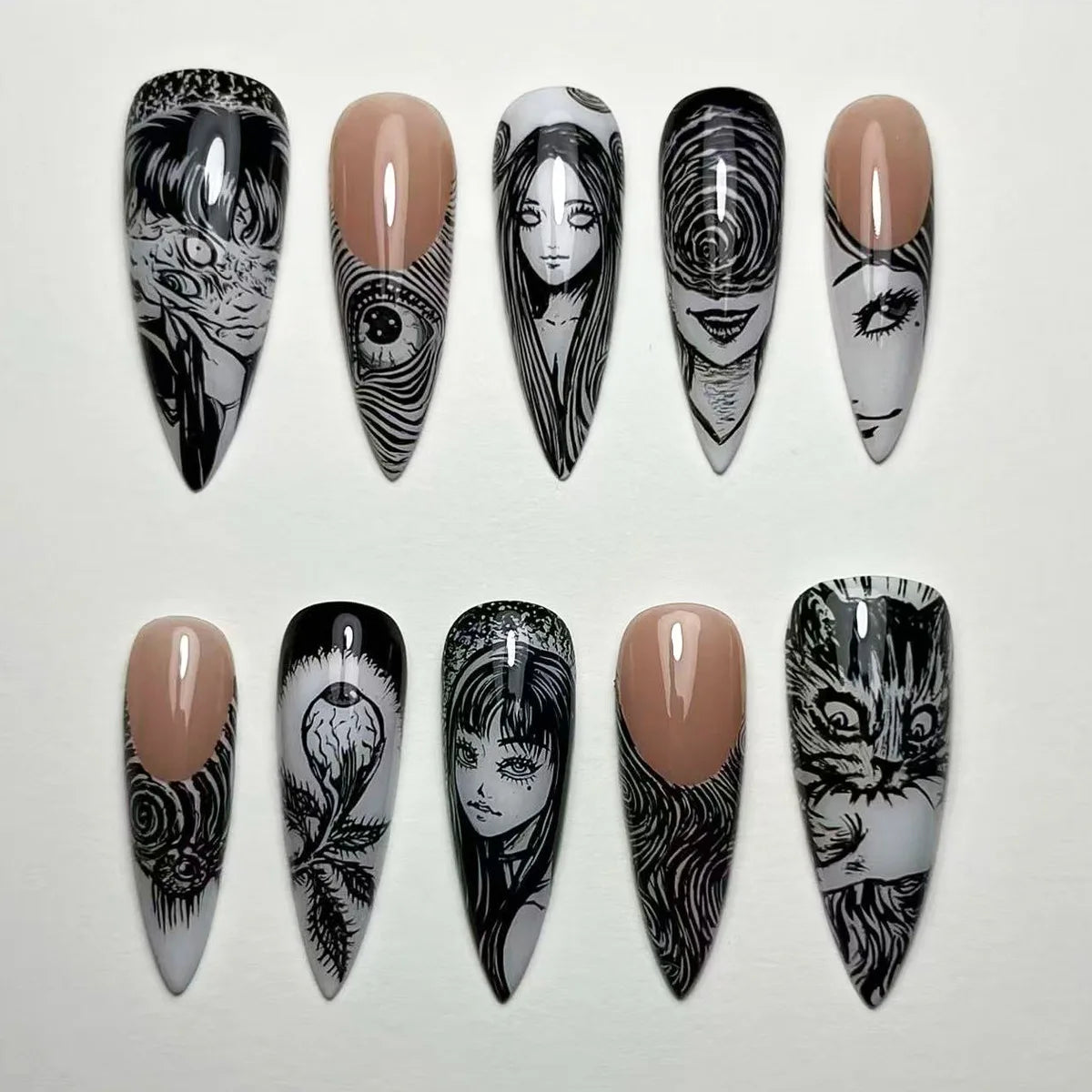 Gothic Manga Face Press On Nails in Nude, Black and White