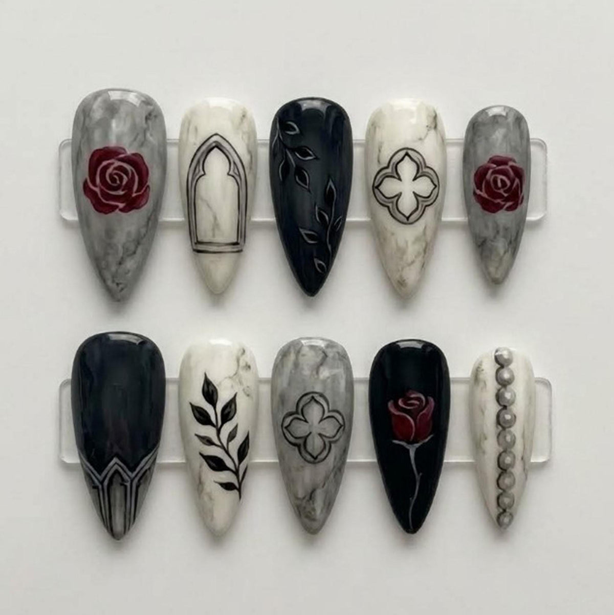 Gothic Marble Rose Press On Nail Set With Pearl Accents