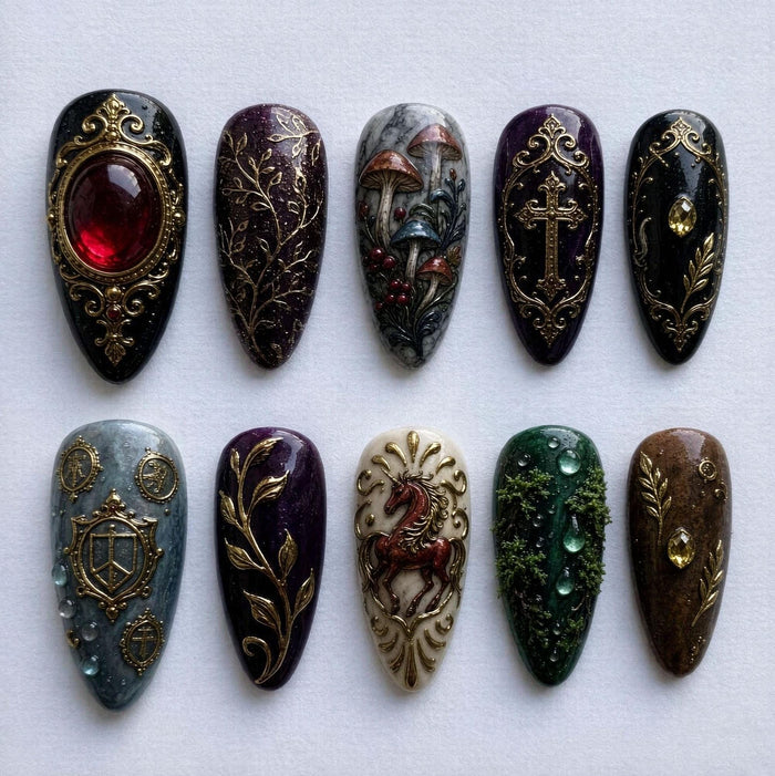 Gothic Medieval Fantasy Press On Nails with Gold Frames, Gemstones, Mushrooms and Unicorn Art