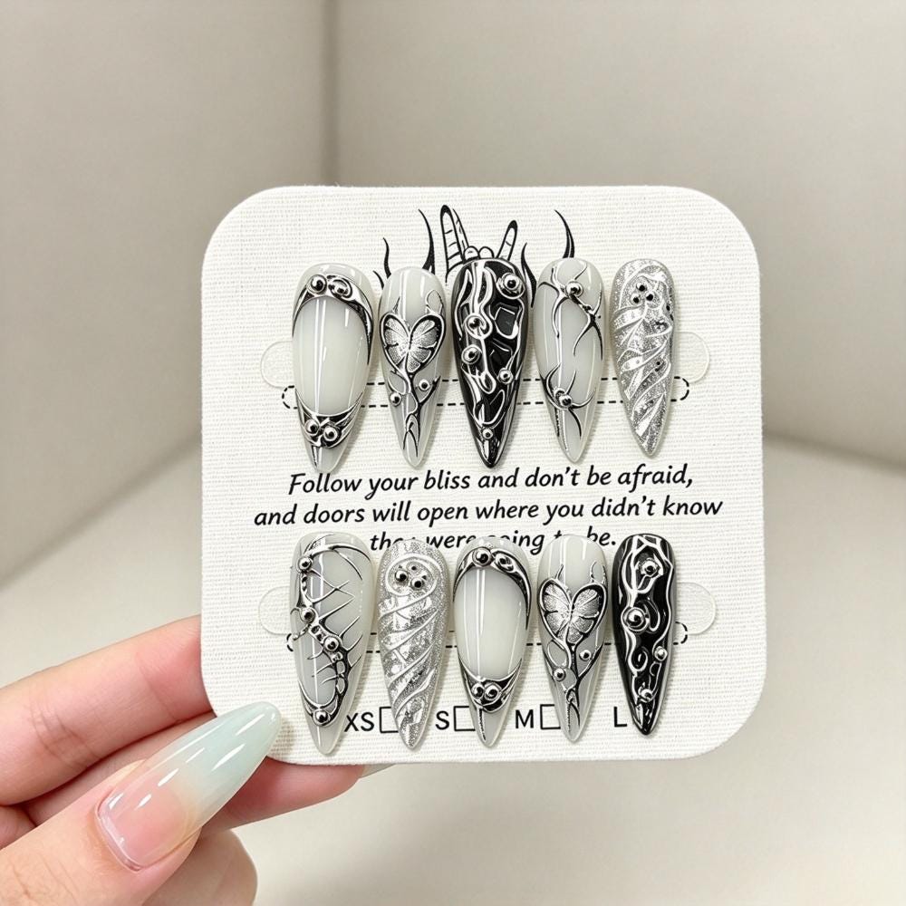 Gothic Milky White and Black Nails With 3D Silver Butterflies and Scrollwork