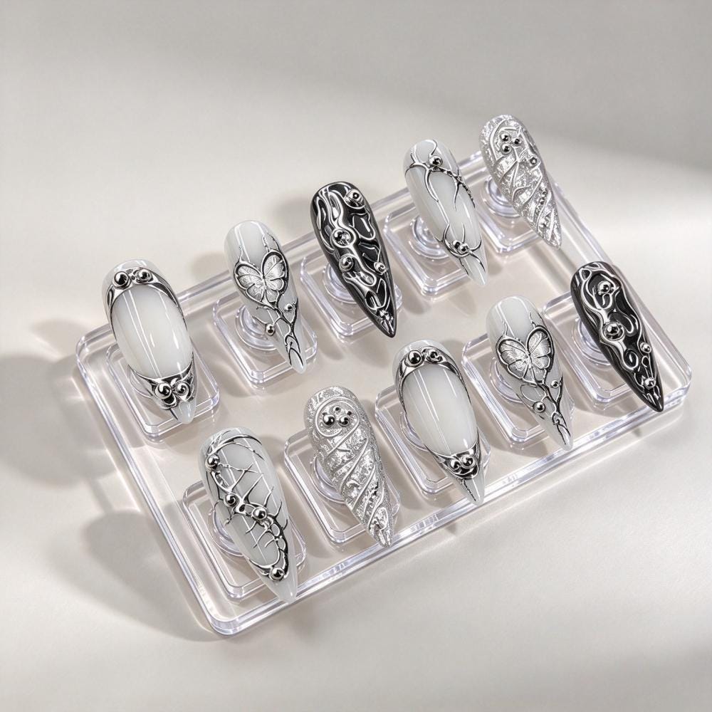 Gothic Milky White and Black Nails With 3D Silver Butterflies and Scrollwork
