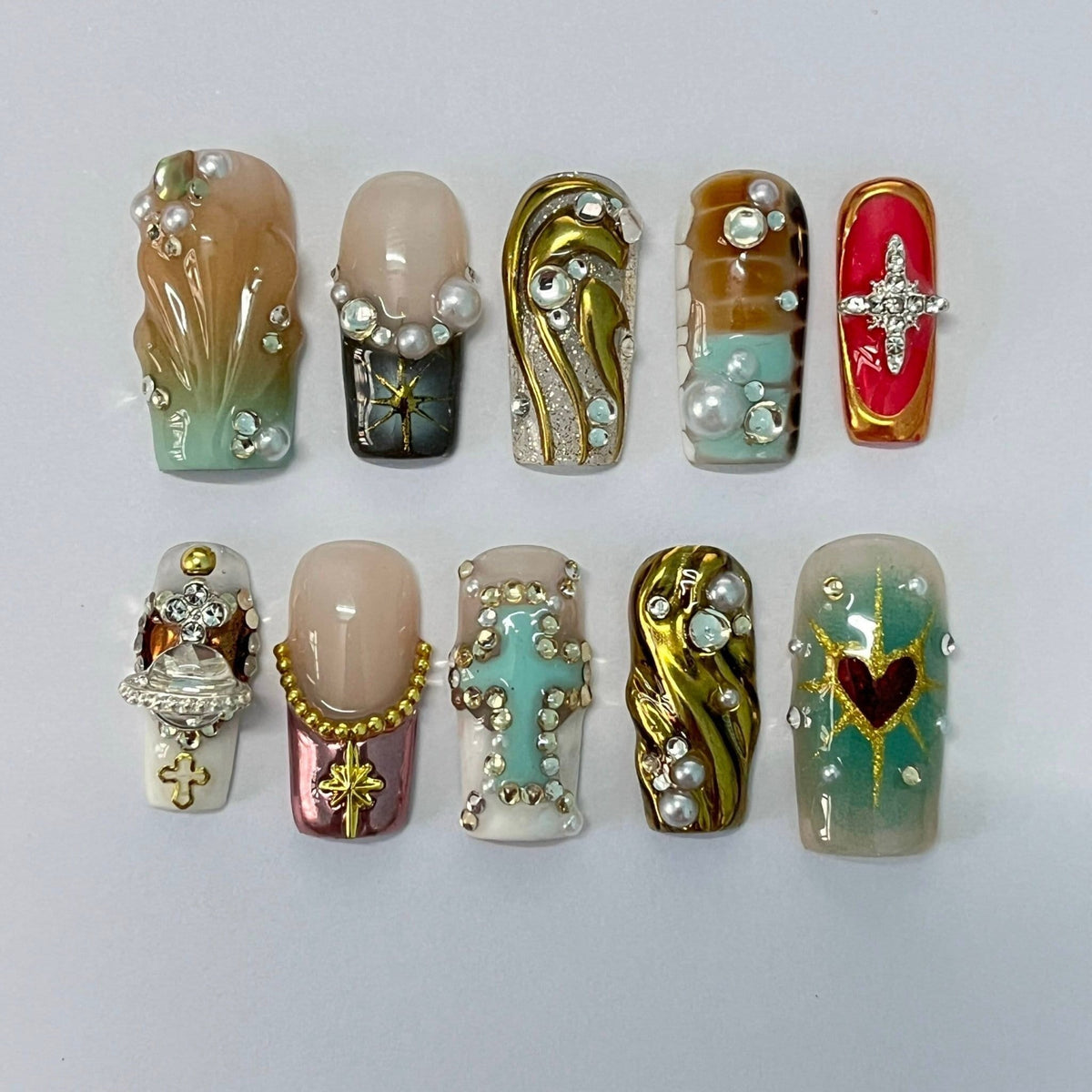 Gothic Mixed-Metal Press On Nails with Gold Details, Red Accents, Pearls and Charms