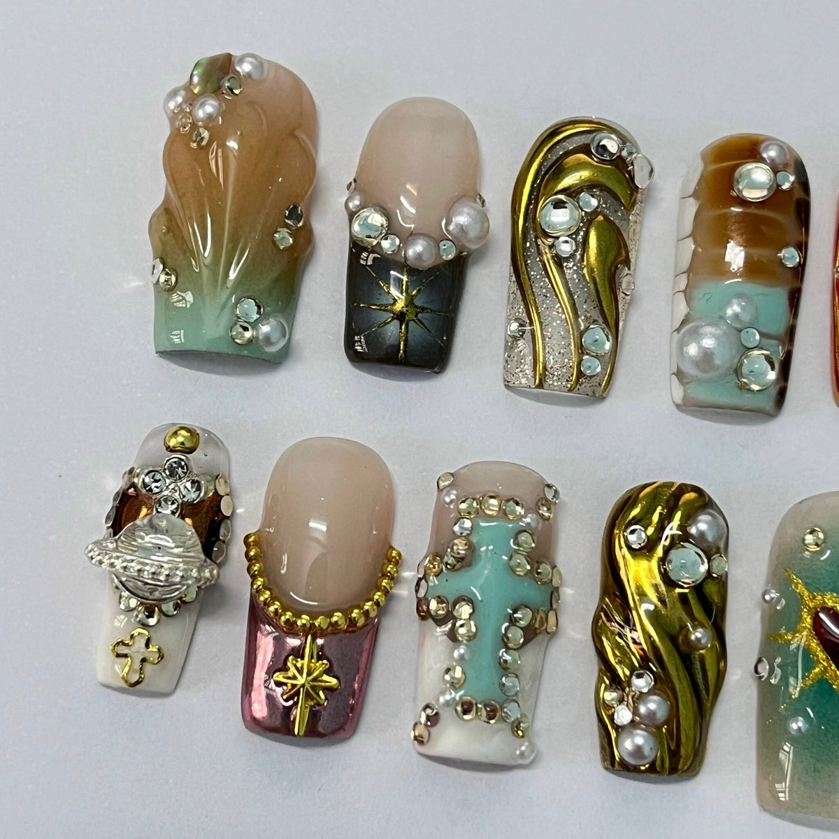 Gothic Mixed-Metal Press On Nails with Gold Details, Red Accents, Pearls and Charms