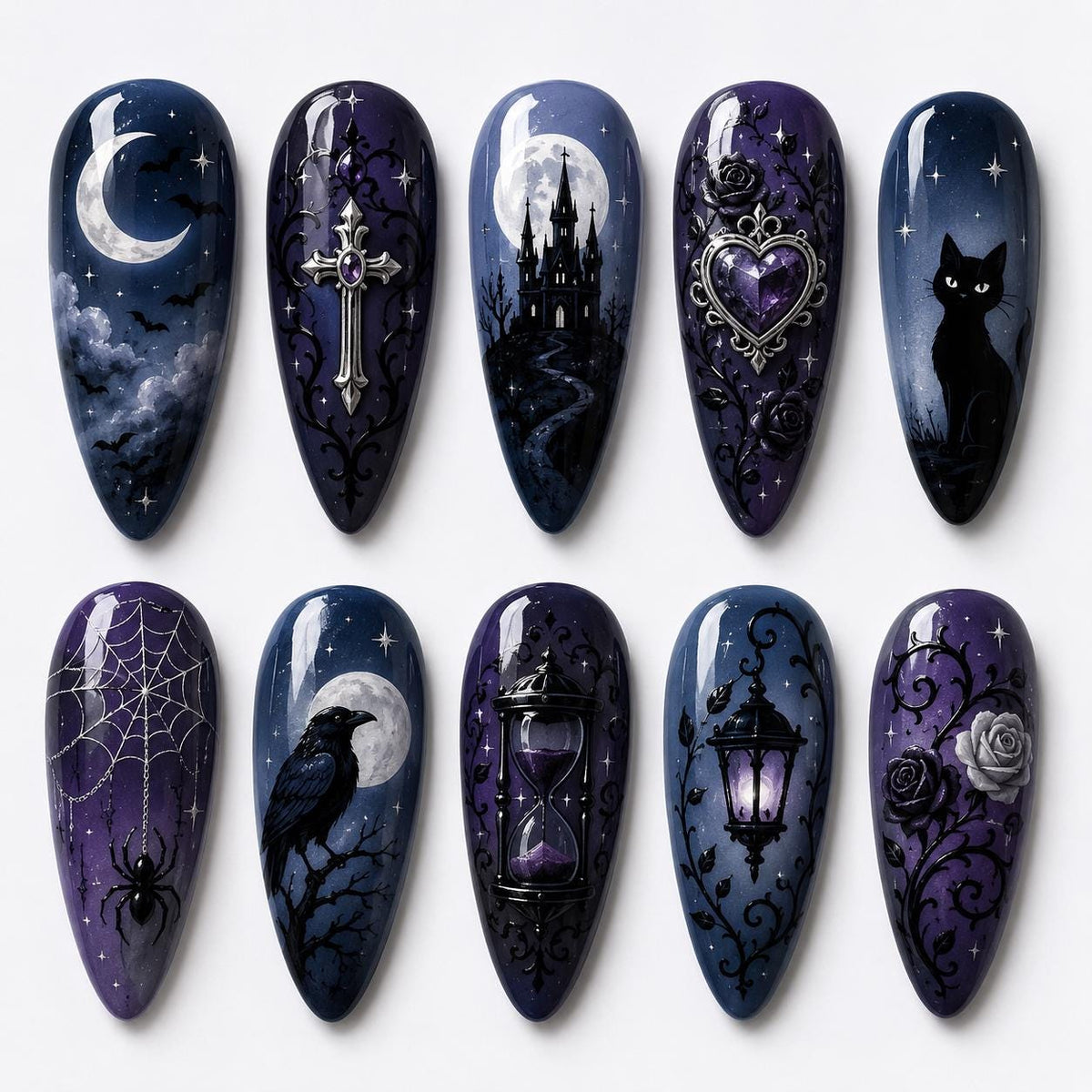 Gothic Moon and Castle Nail Art with Cat, Raven, Roses and Silver Accents
