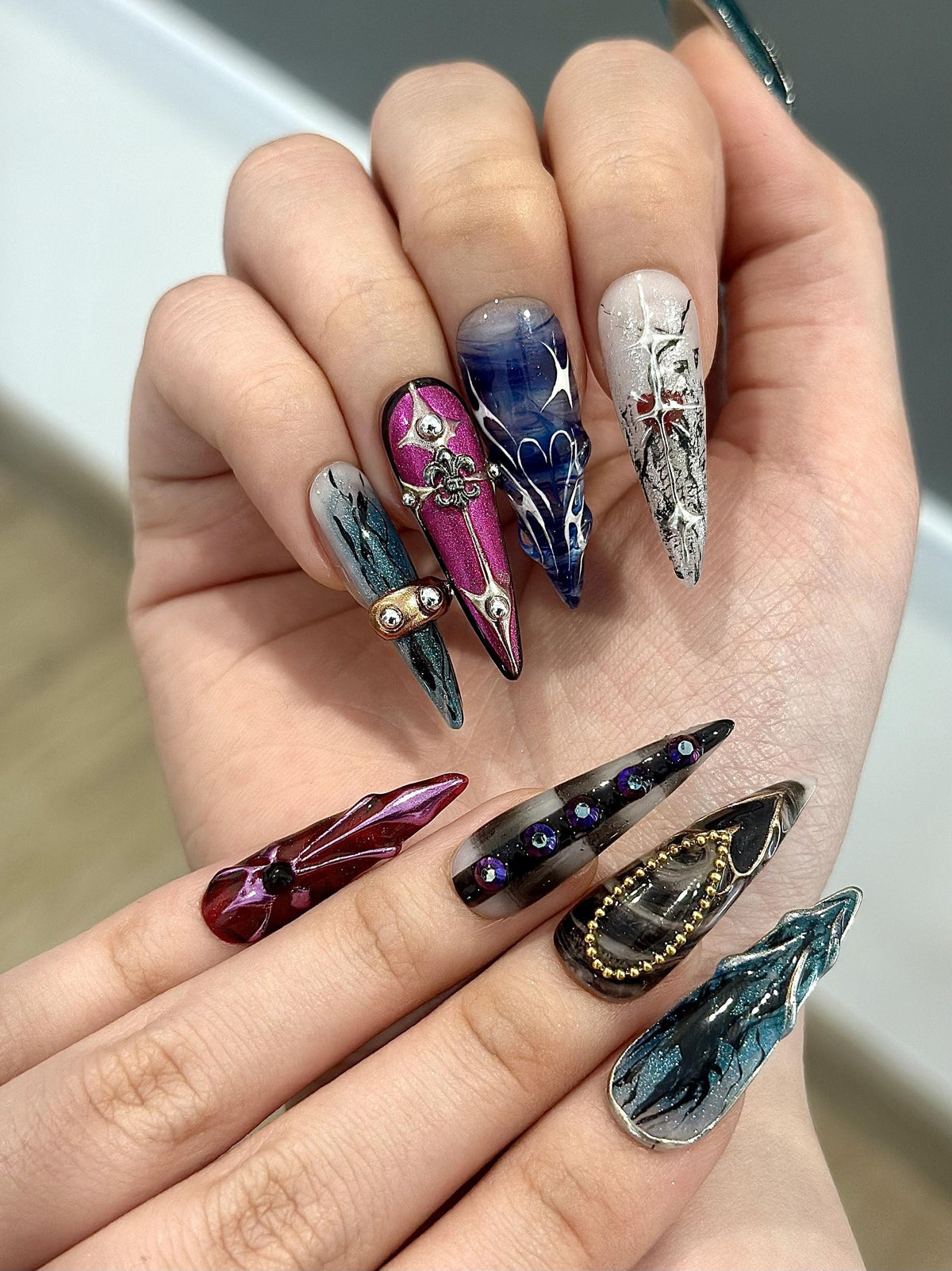 Gothic Multicolor Marble Nails with Silver Ornaments and Crystal Accents