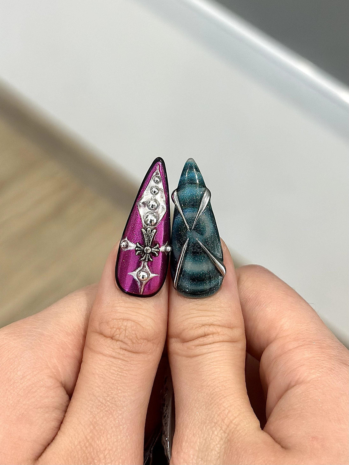 Gothic Multicolor Marble Nails with Silver Ornaments and Crystal Accents