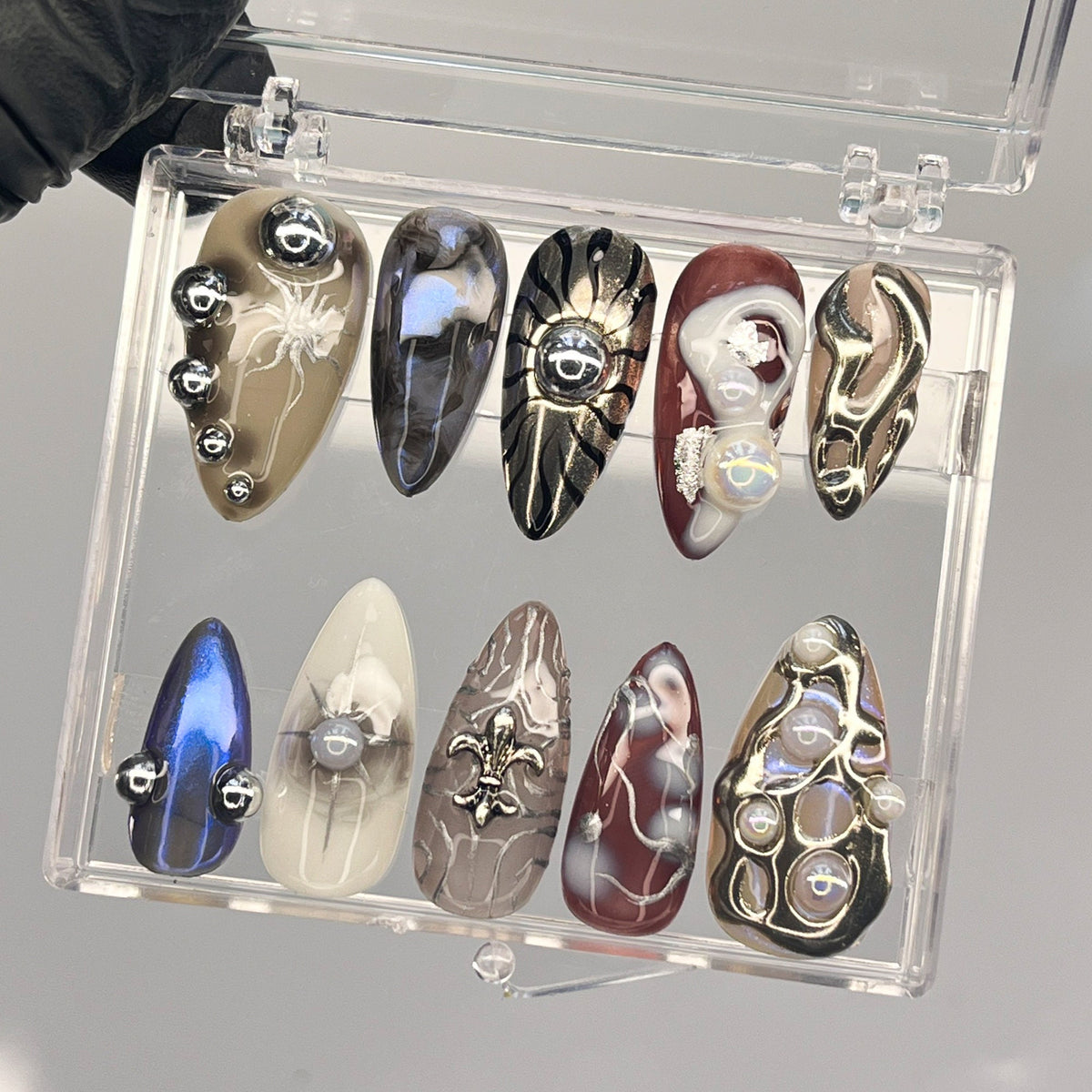 Gothic Multicolor Stiletto Nails with Silver Chrome, Webs and Raised Charms