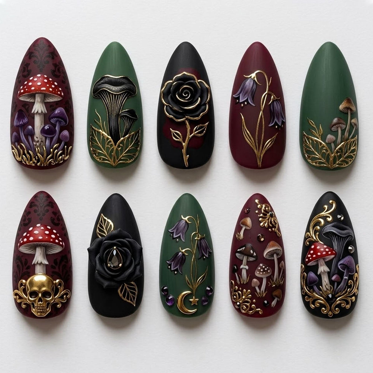 Gothic Mushroom and Black Rose Nails with Gold Botanical Details