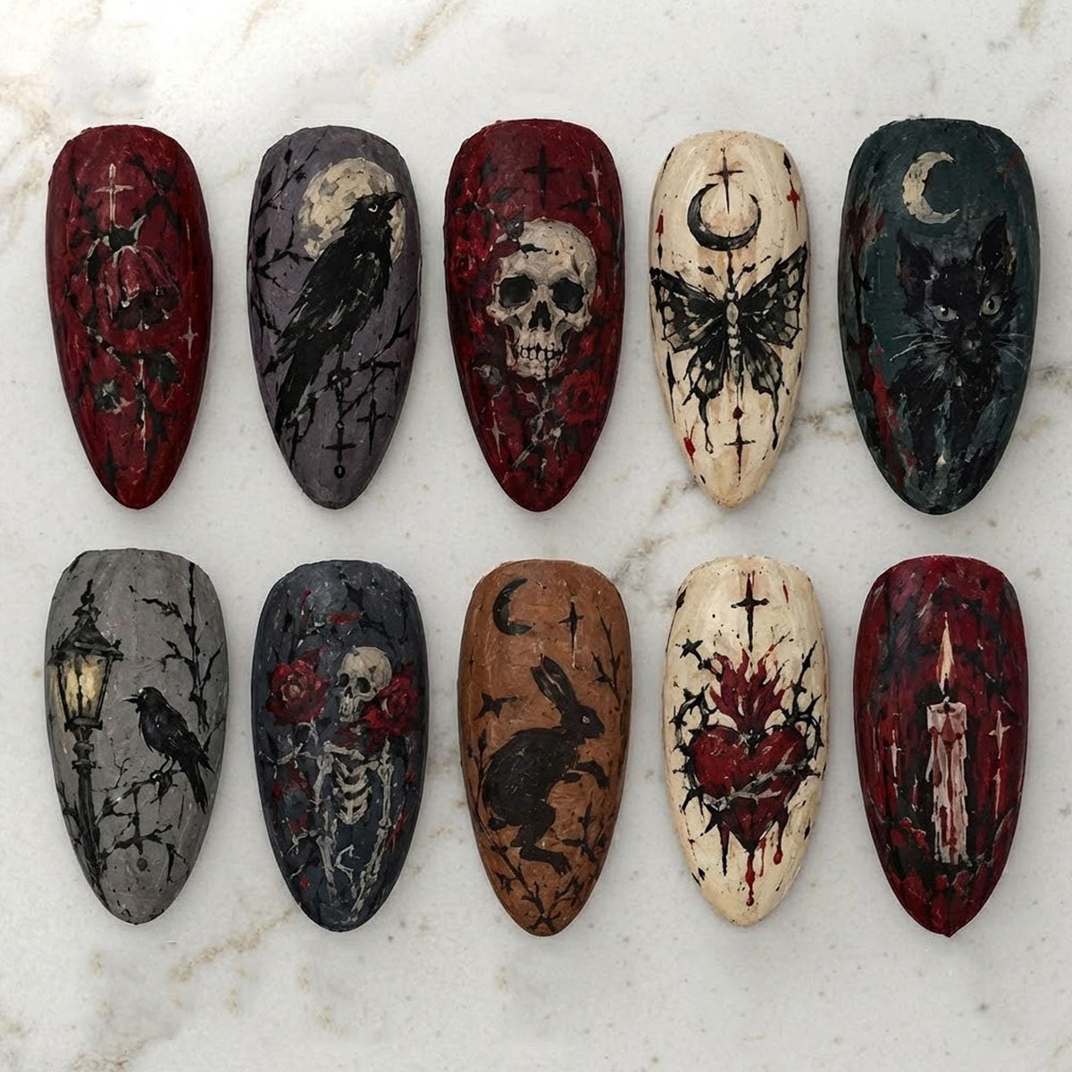 Gothic Nails with Skulls, Ravens, Roses, and Crescent Moons