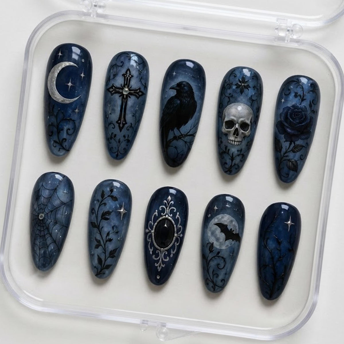 Gothic Navy Raven and Moon Nail Set With Skull, Rose and Celestial Details