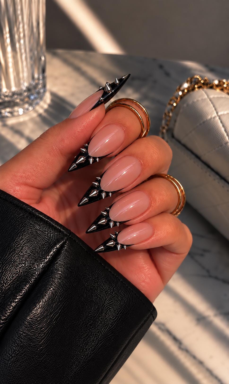 Gothic Nude Pink Press-On Nails with Black and Silver Spikes