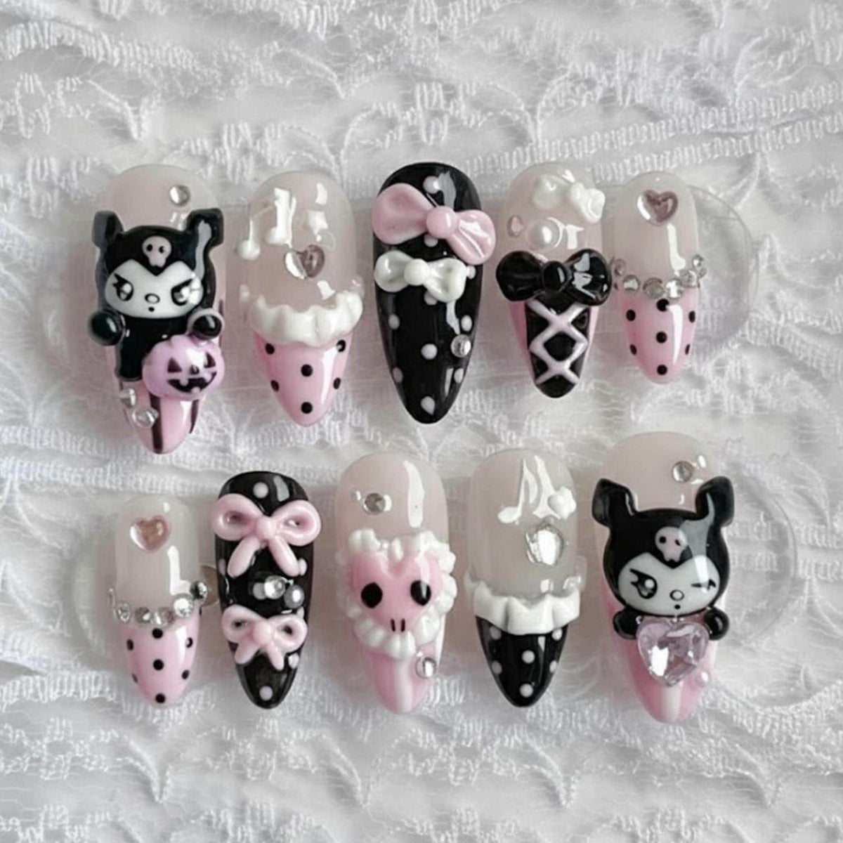 Gothic Pink and Black Nail Set with 3D Bows, Hearts, and Skull Motifs