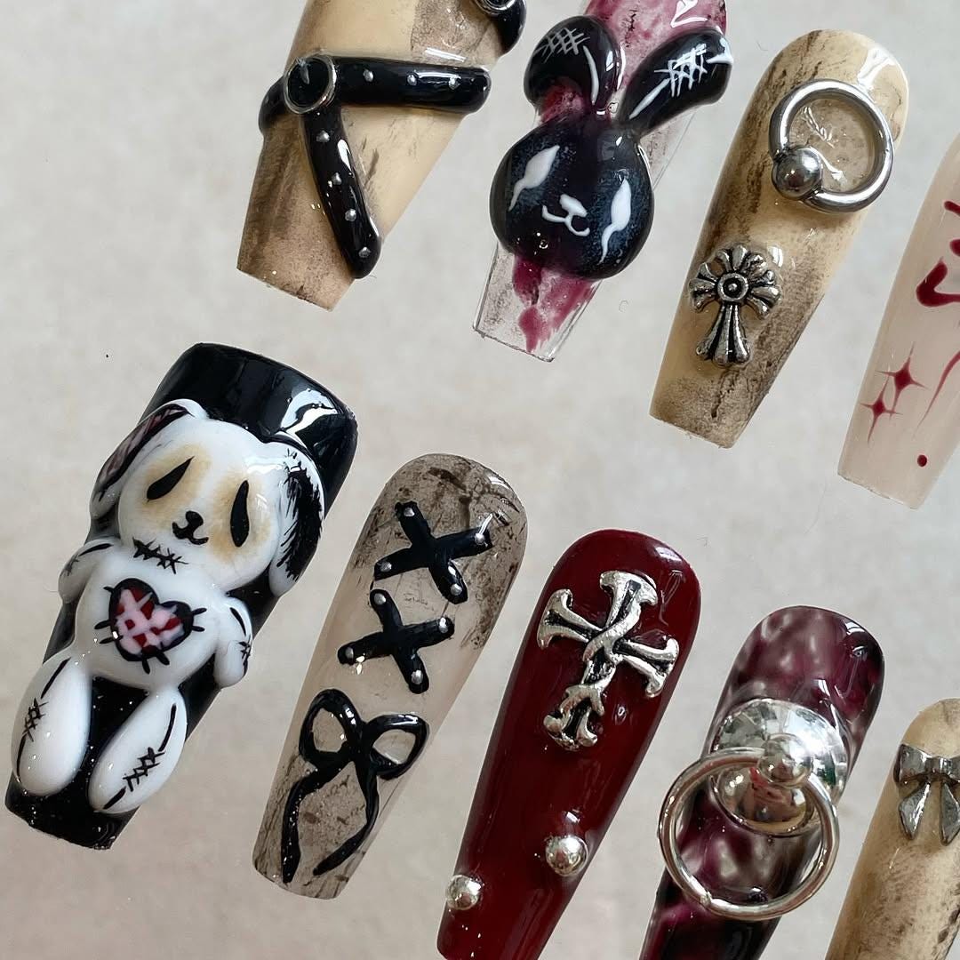 Gothic Punk Bunny and Teddy Bear Nails with Burgundy Marble, Straps, and Silver Charms
