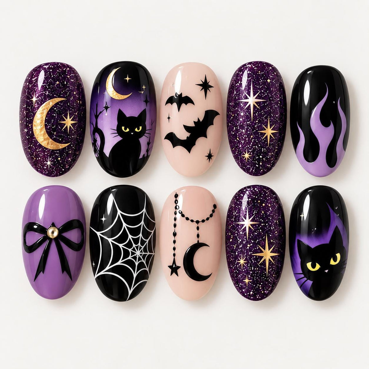 Gothic Purple and Black Cat Celestial Halloween Nail Set