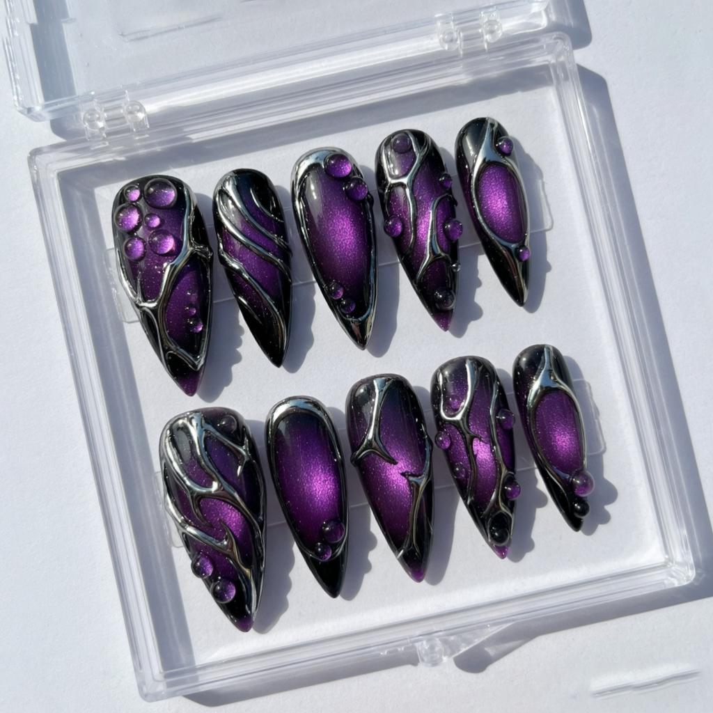 Gothic Purple Cat-Eye Nails With Silver Chrome Thorn Details
