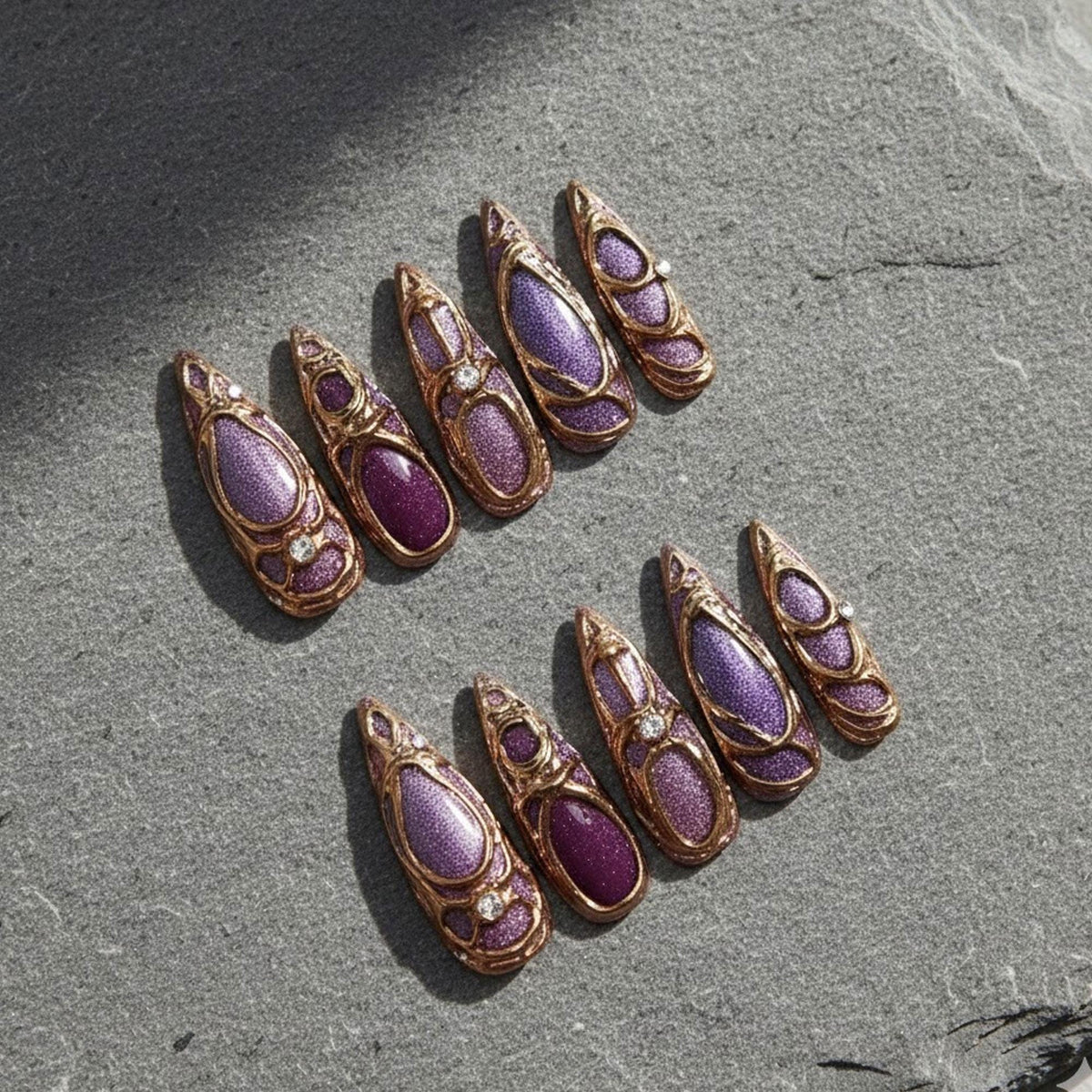 Gothic Purple Lavender Chrome Press On Nails with Raised Gold Frames and Rhinestones