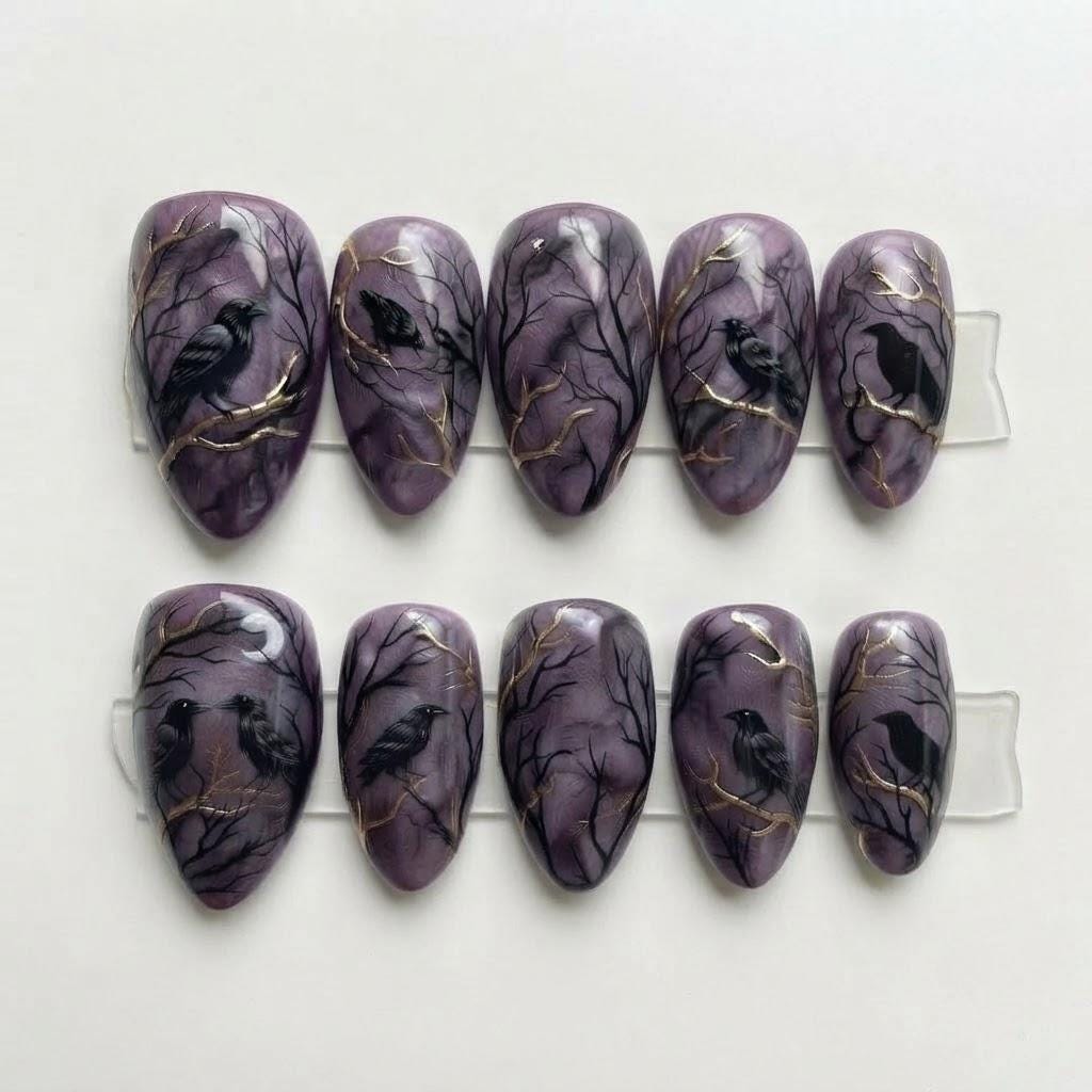 Gothic Raven and Bare Tree Press On Nails in Smoky Mauve Purple
