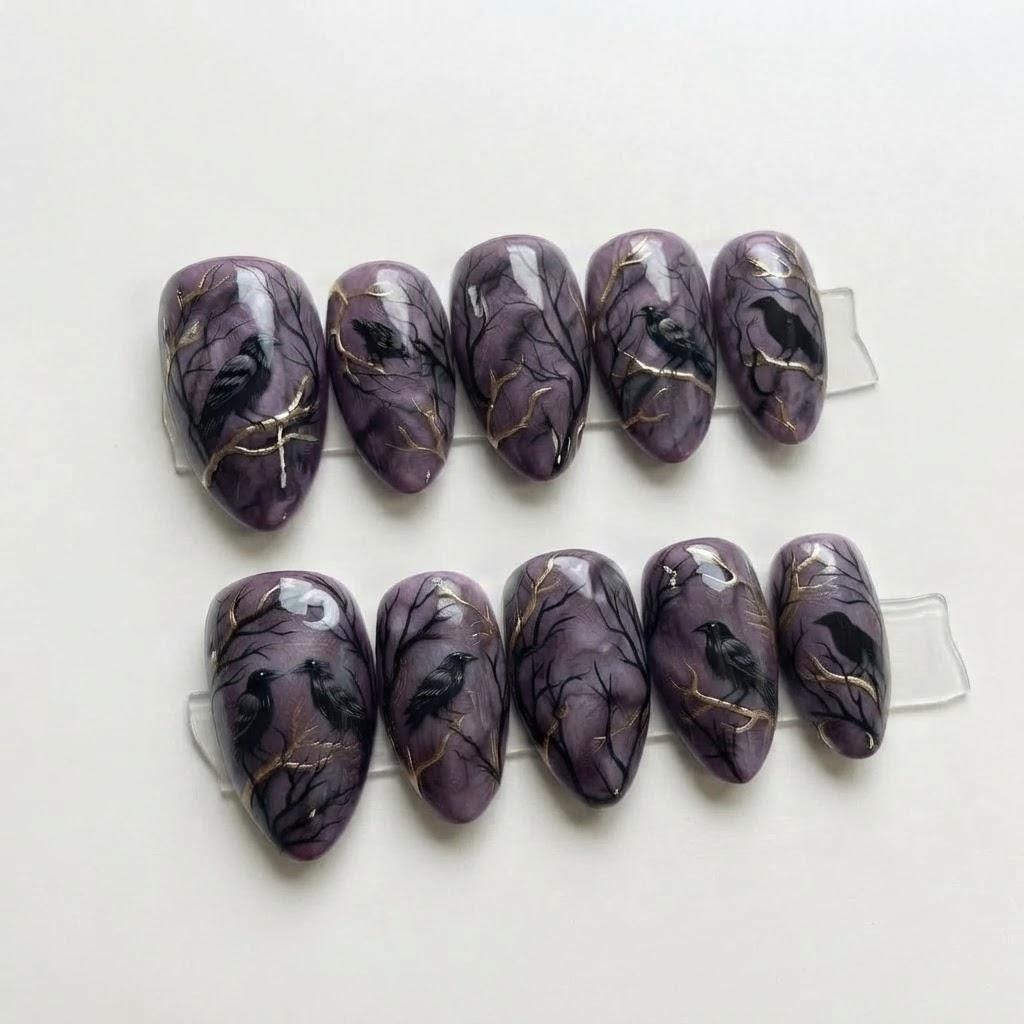 Gothic Raven and Bare Tree Press On Nails in Smoky Mauve Purple