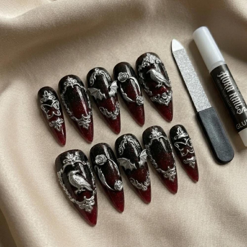 Gothic Raven and Bat Wing Nails with Silver Victorian Scrollwork