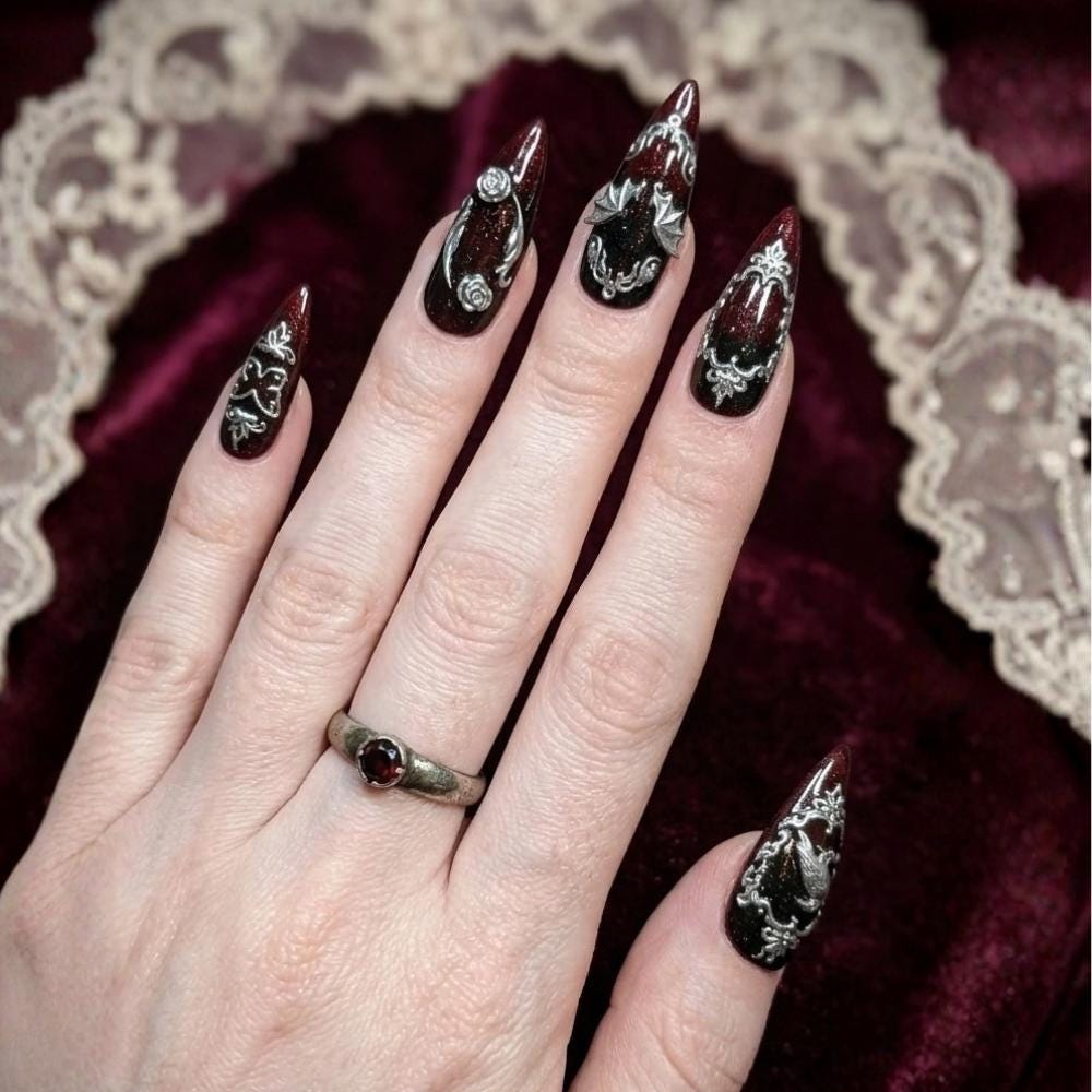 Gothic Raven and Bat Wing Nails with Silver Victorian Scrollwork