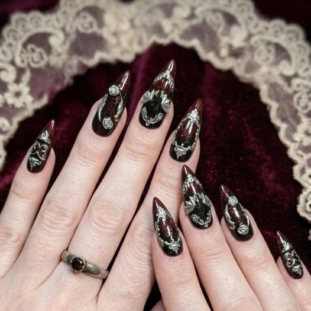 Gothic Raven and Bat Wing Nails with Silver Victorian Scrollwork