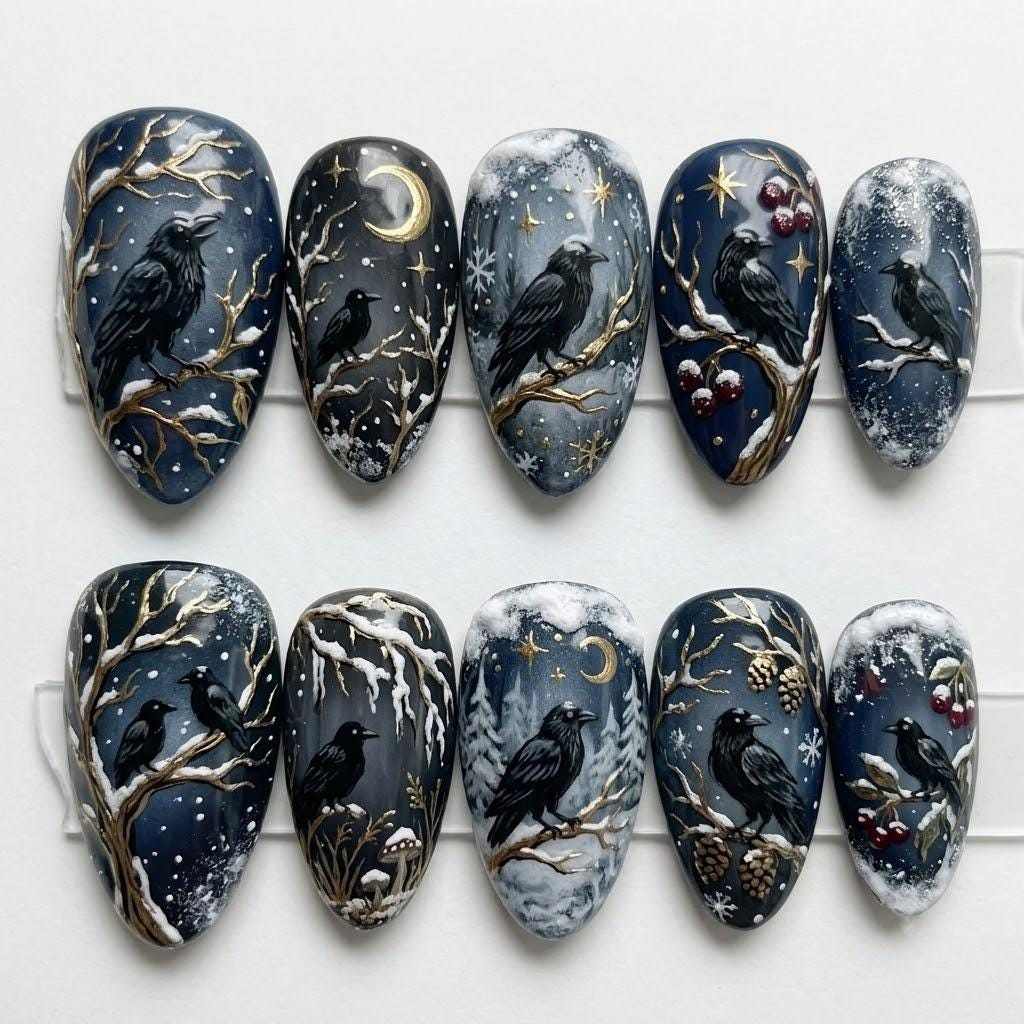 Gothic Raven Winter Nails With Moon, Stars and Gold Branches