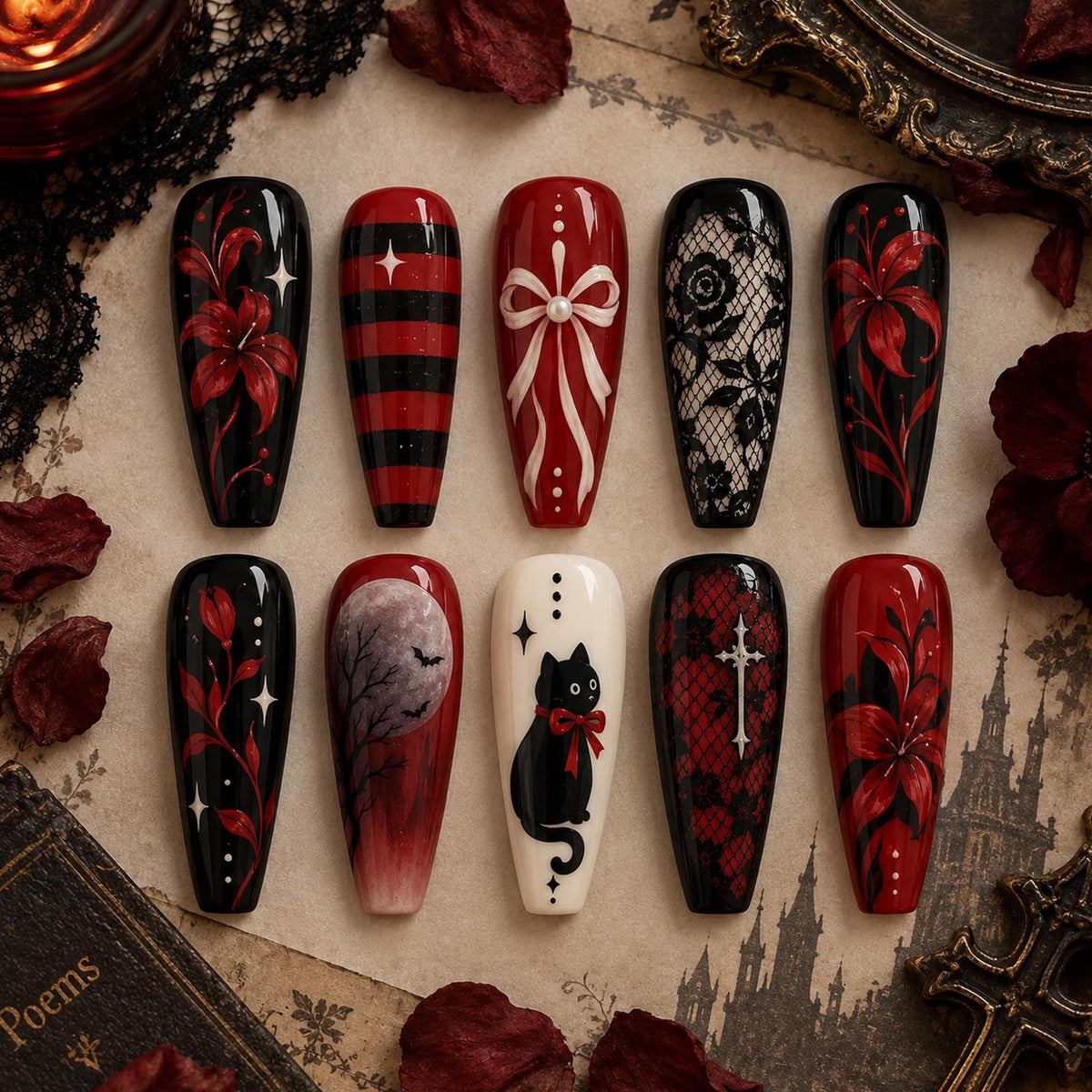Gothic Red and Black Nail Set with Floral Vines, Lace, Bows and Cat Art