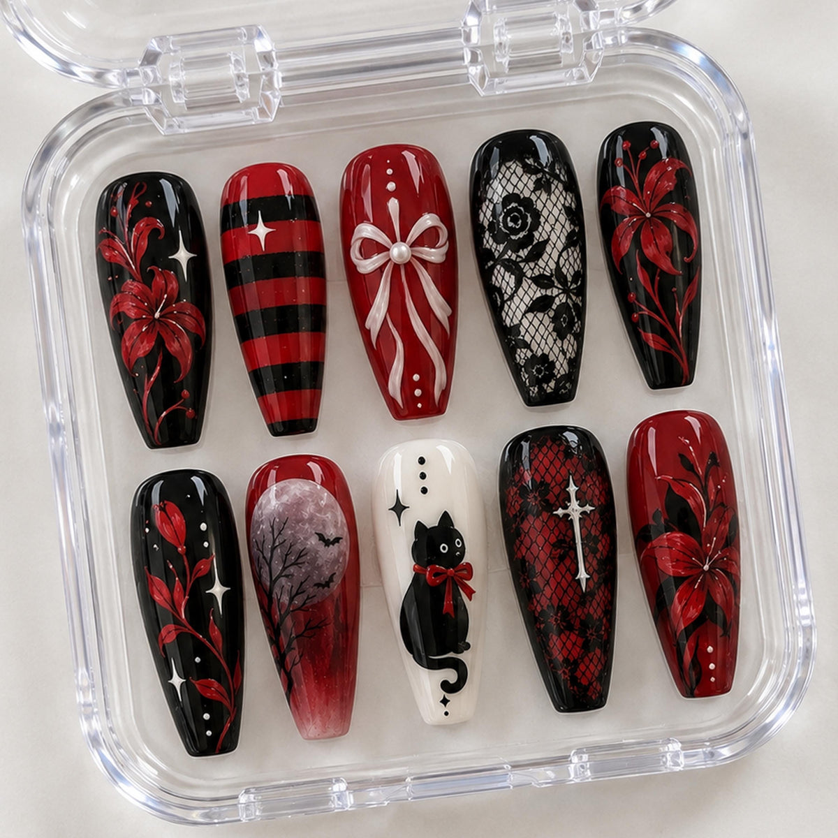 Gothic Red and Black Nail Set with Floral Vines, Lace, Bows and Cat Art