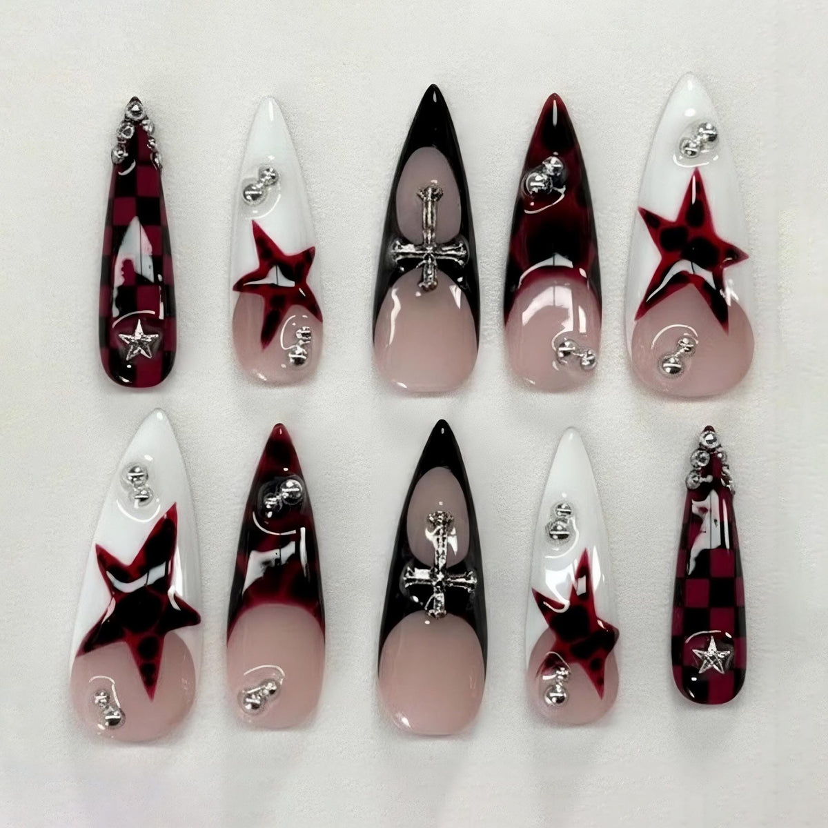 Gothic Red and Black Star, Cross, and Checkerboard Nail Set