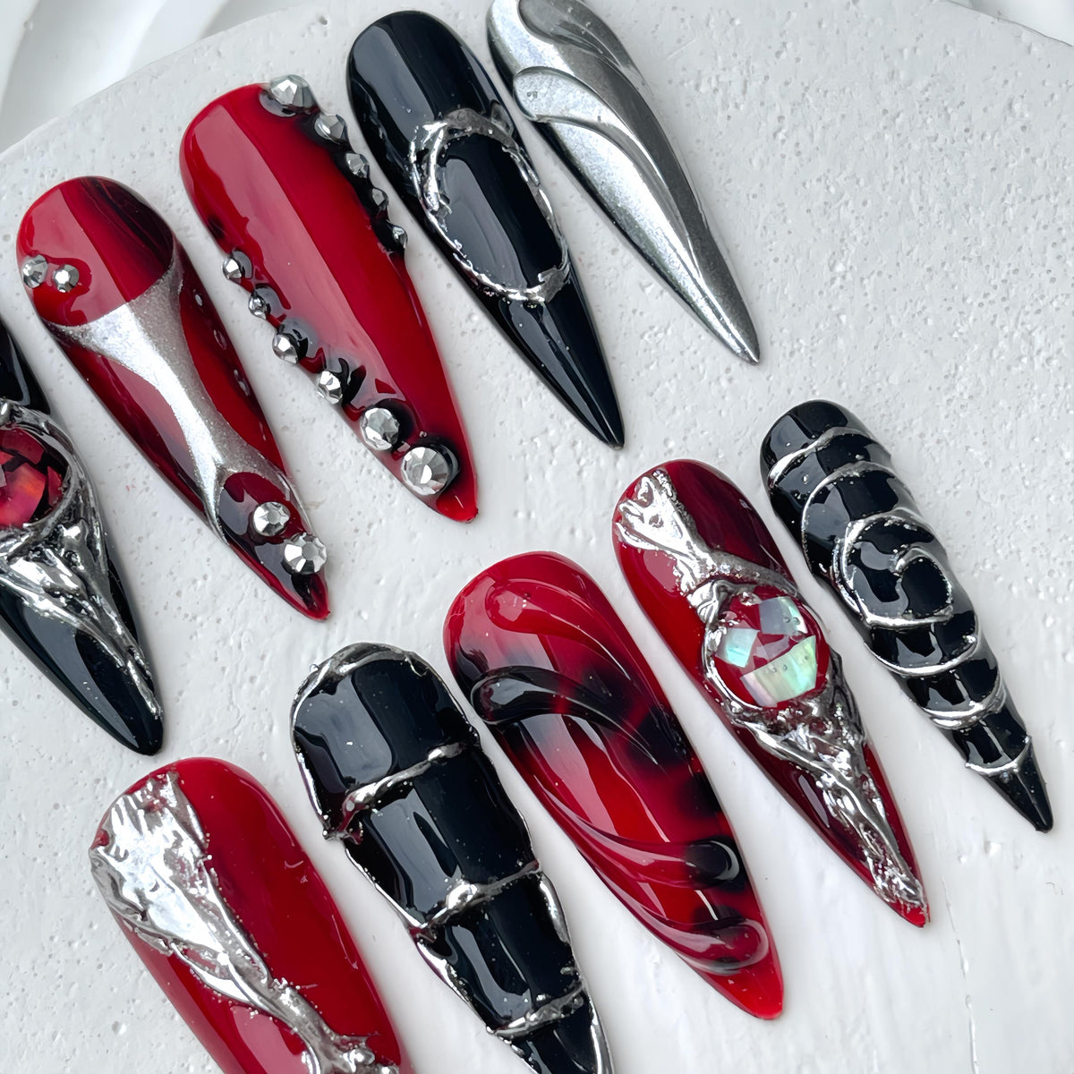 Gothic Red, Black and Silver Chrome Press-On Nail Set with Rhinestones