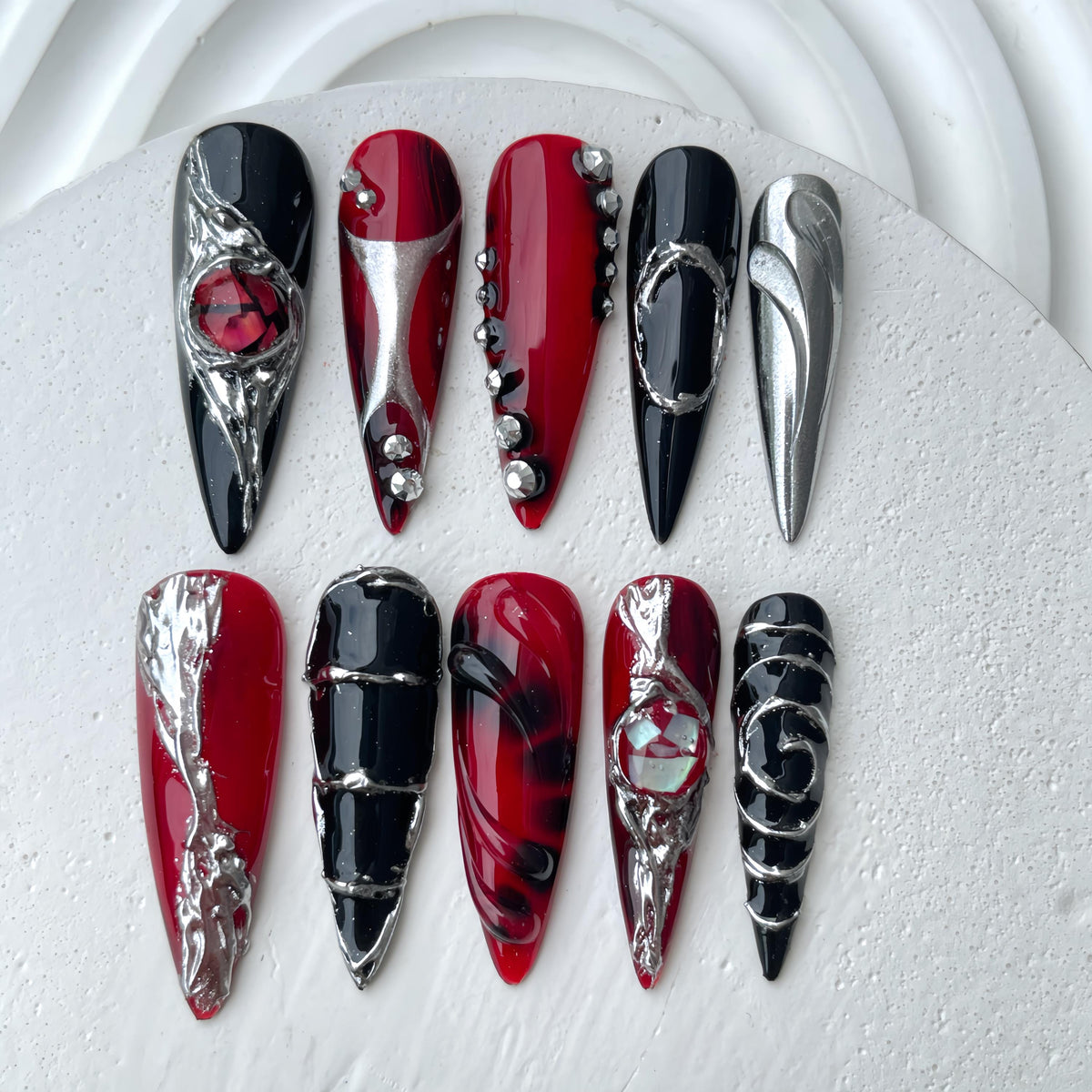 Gothic Red, Black and Silver Chrome Press-On Nail Set with Rhinestones