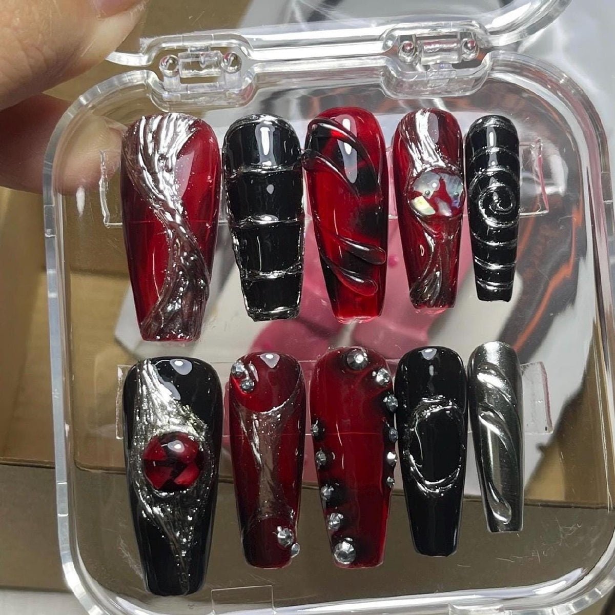 Gothic Red, Black and Silver Chrome Press-On Nail Set with Rhinestones
